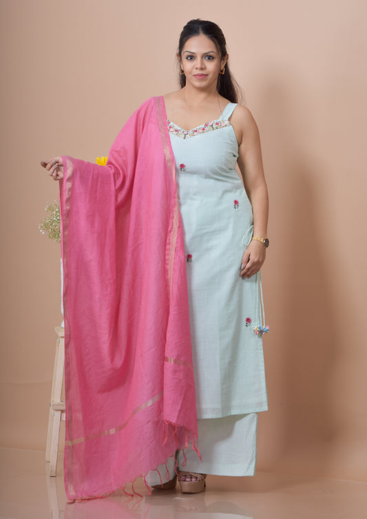 Flower Embroidered Kurta Pant set- Pista