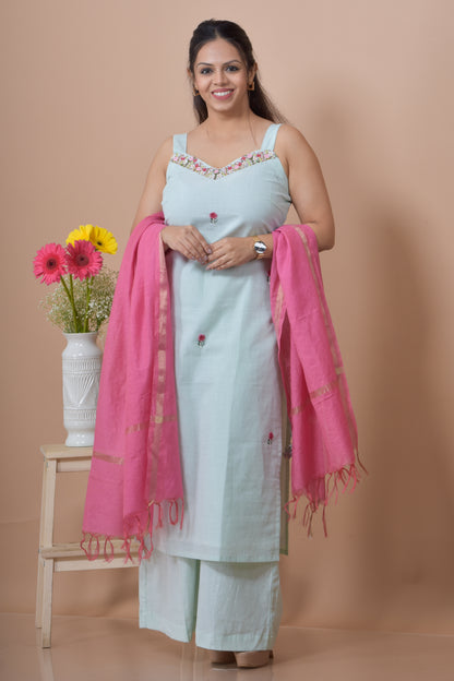 Flower Embroidered Kurta Pant set- Pista
