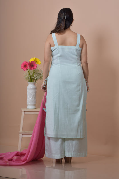 Flower Embroidered Kurta Pant set- Pista