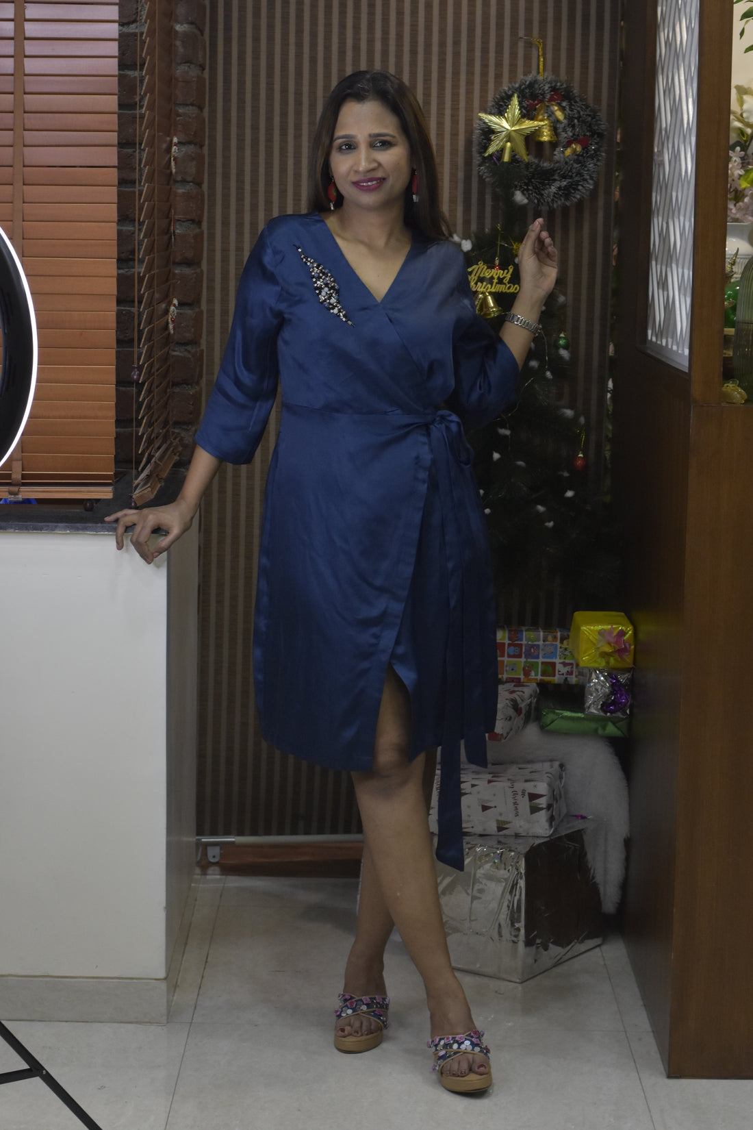 Modal Silk Wrap Around Dress- Blue