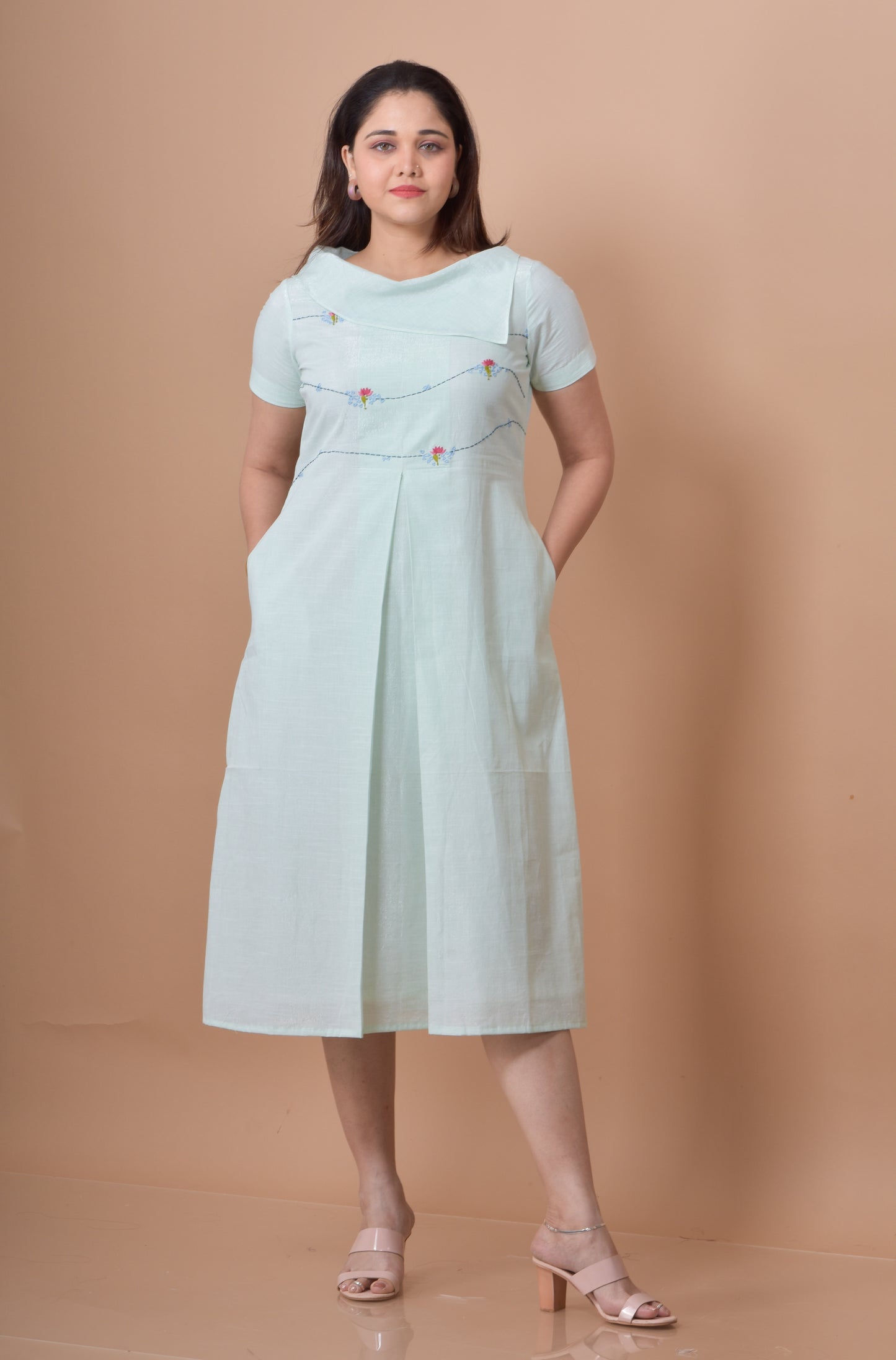 Flap Neck Box Pleated Dress