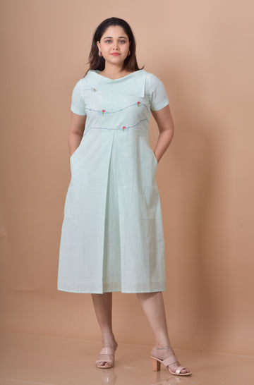 Flap Neck Box Pleated Dress