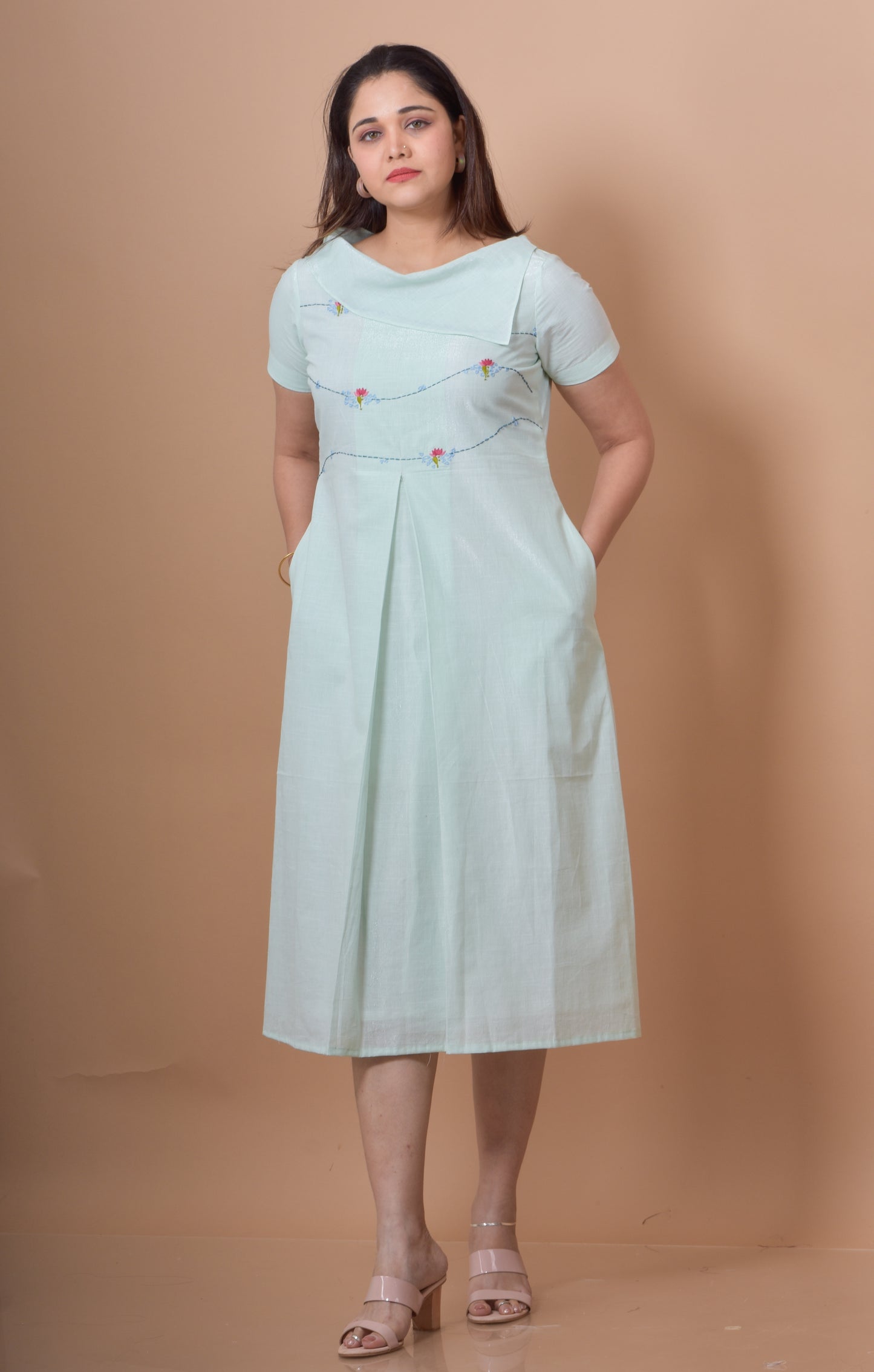 Flap Neck Box Pleated Dress