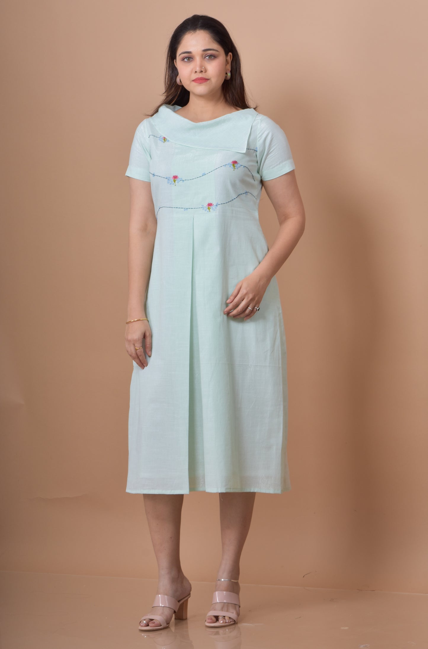 Flap Neck Box Pleated Dress