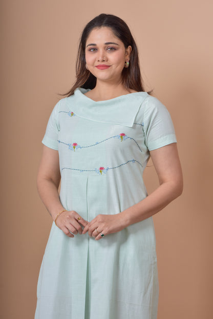 Flap Neck Box Pleated Dress