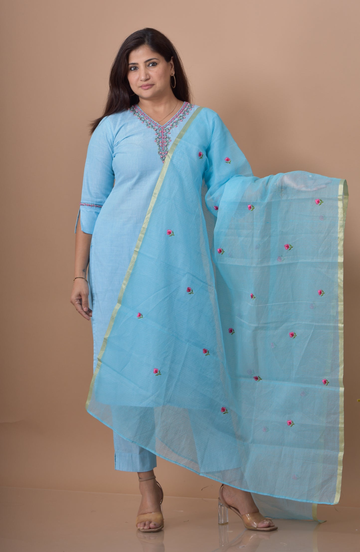 Rose Embroidered Kurta Pant Dupatta Set