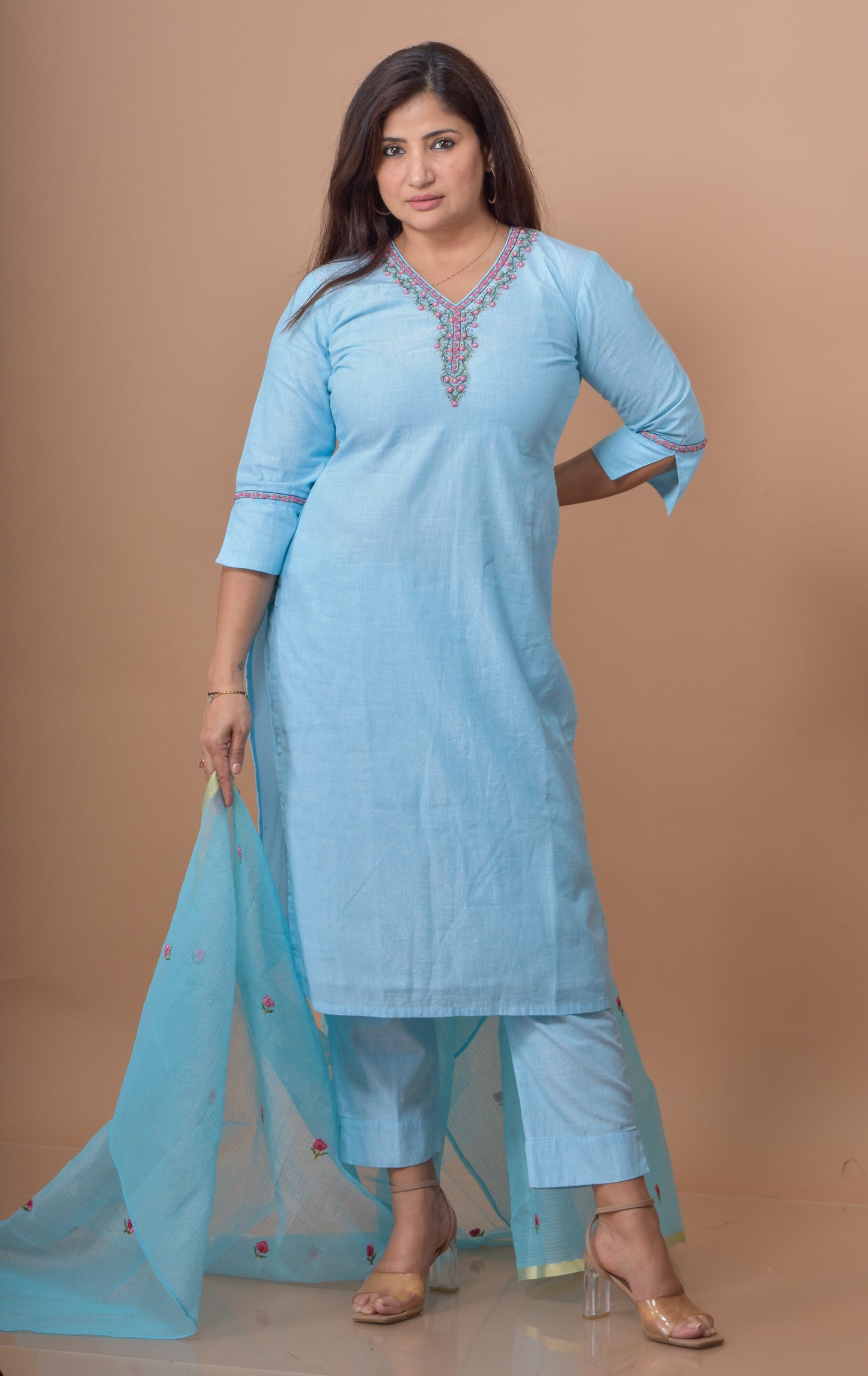 Rose Embroidered Kurta Pant Dupatta Set