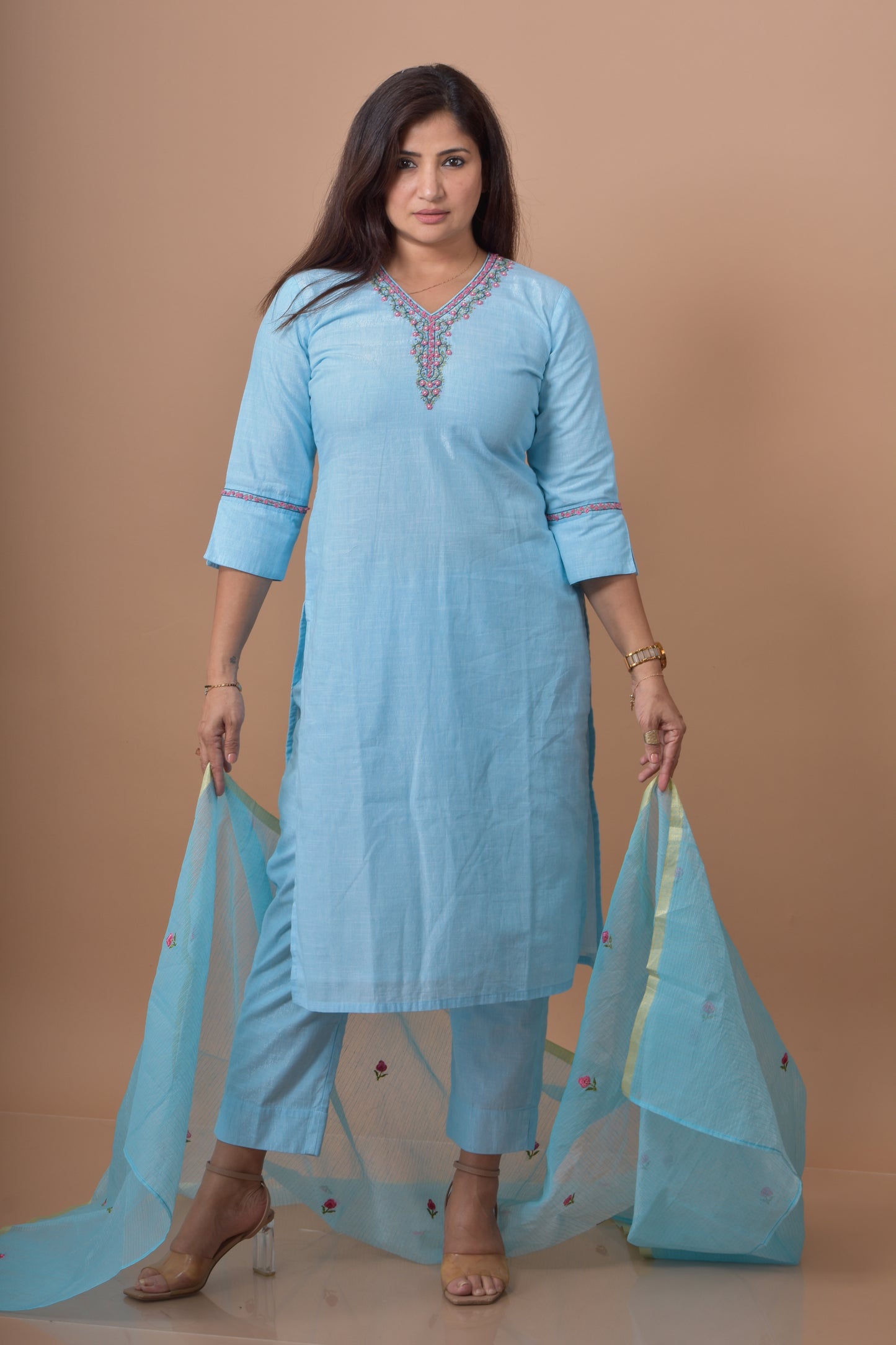 Rose Embroidered Kurta Pant Dupatta Set