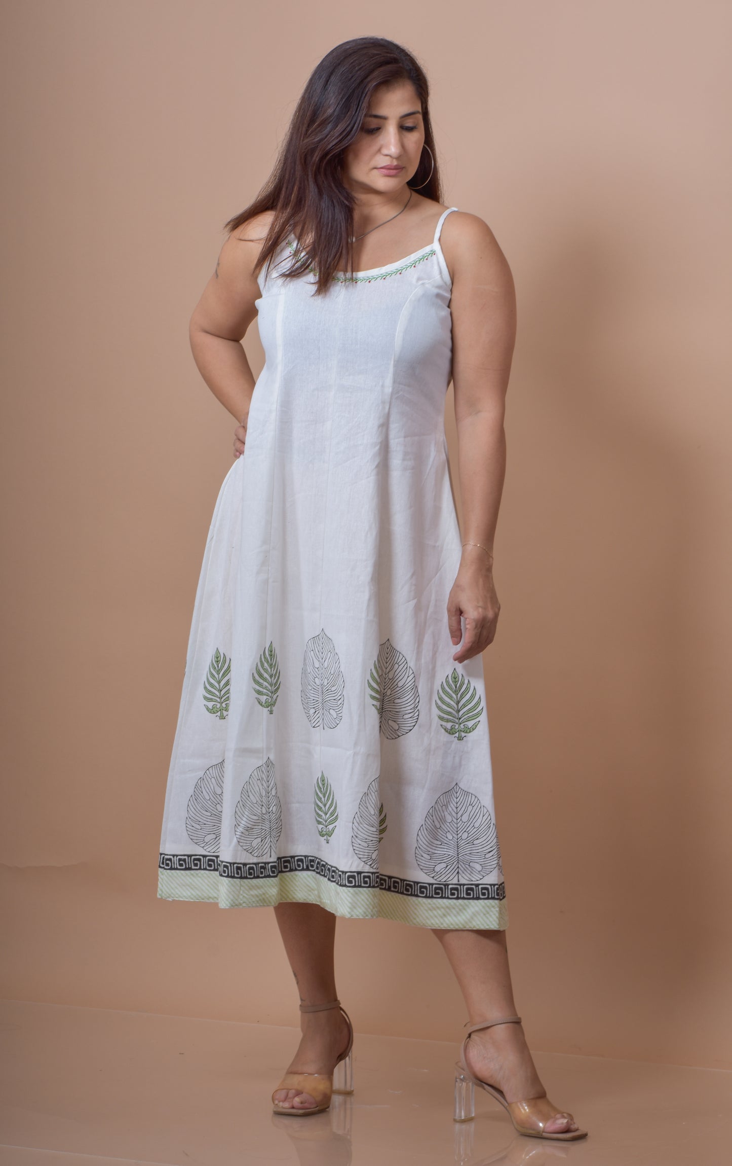Handblock Print Singlet Dress- White