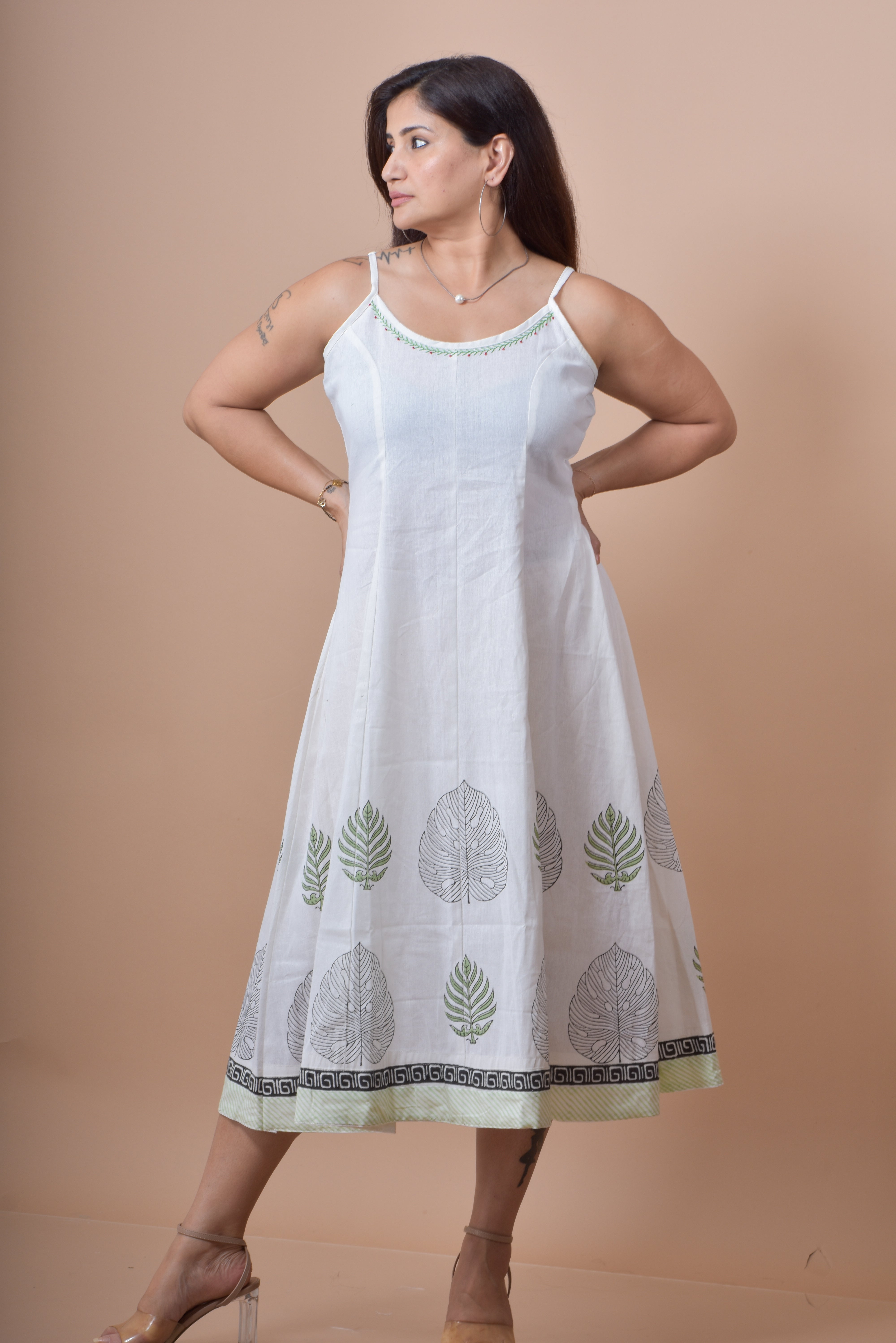 Handblock Print Singlet Dress- White