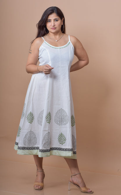 Handblock Print Singlet Dress- White