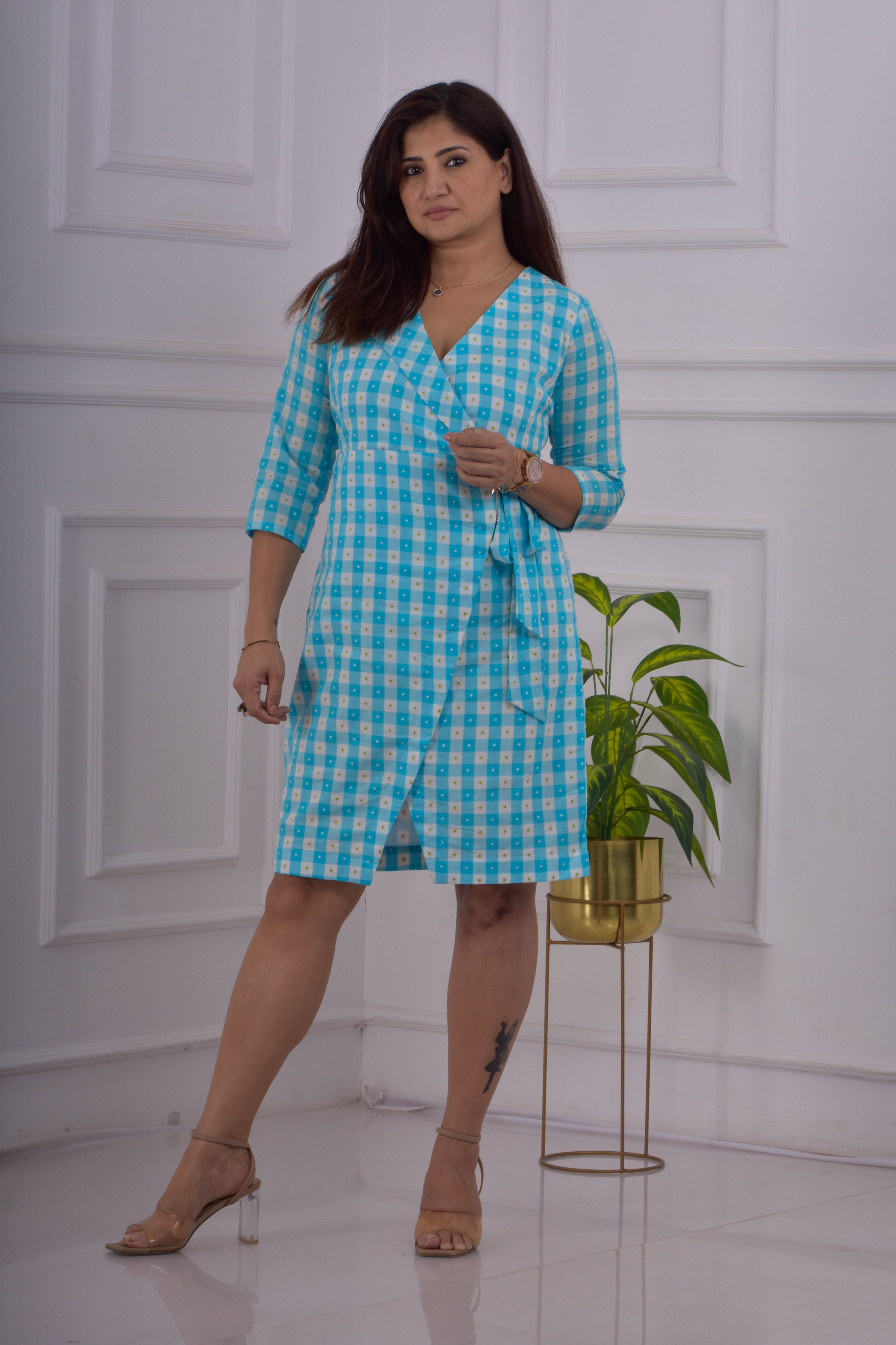 Checked Print Wrap Dress