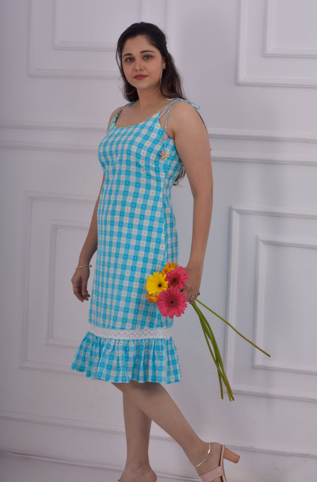 Checked Print Shoulder Tie- Up Knot Dress