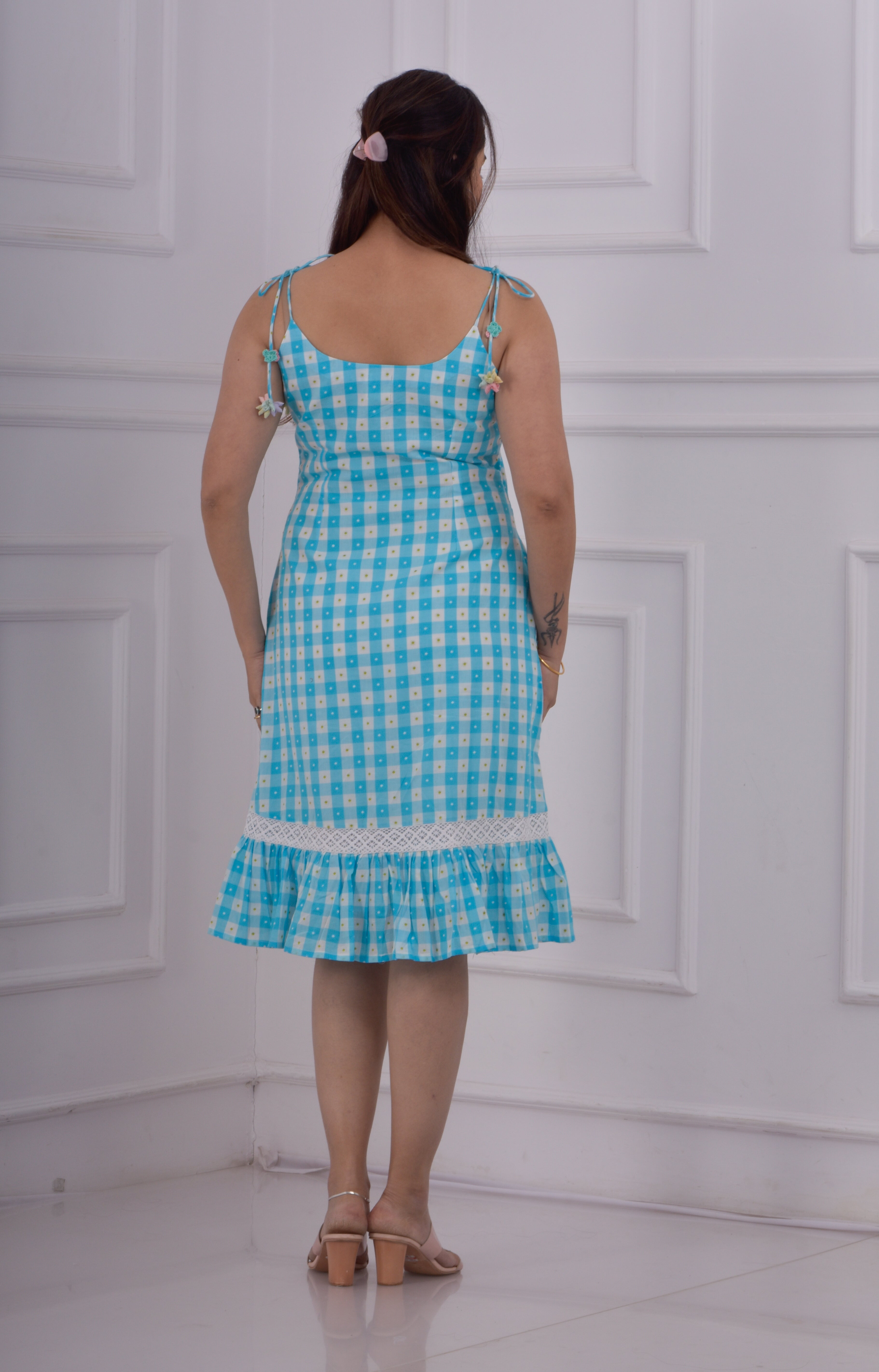Checked Print Shoulder Tie- Up Knot Dress