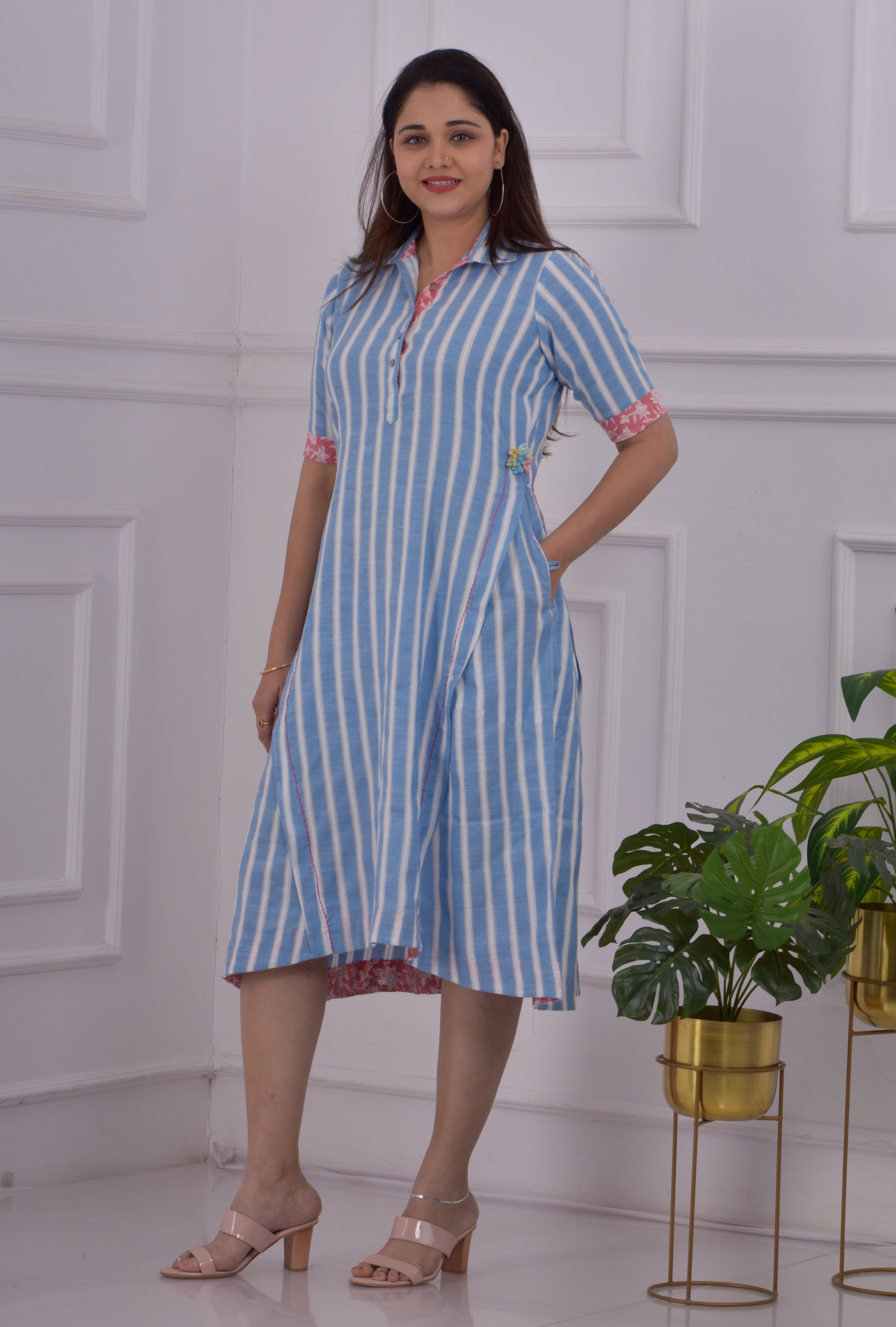 Dobby Striped Panel Dress- Blue