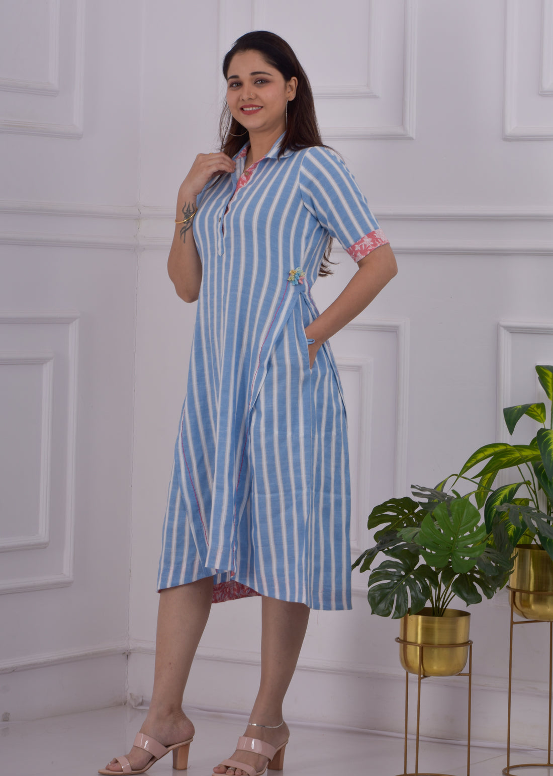 Dobby Striped Panel Dress- Blue