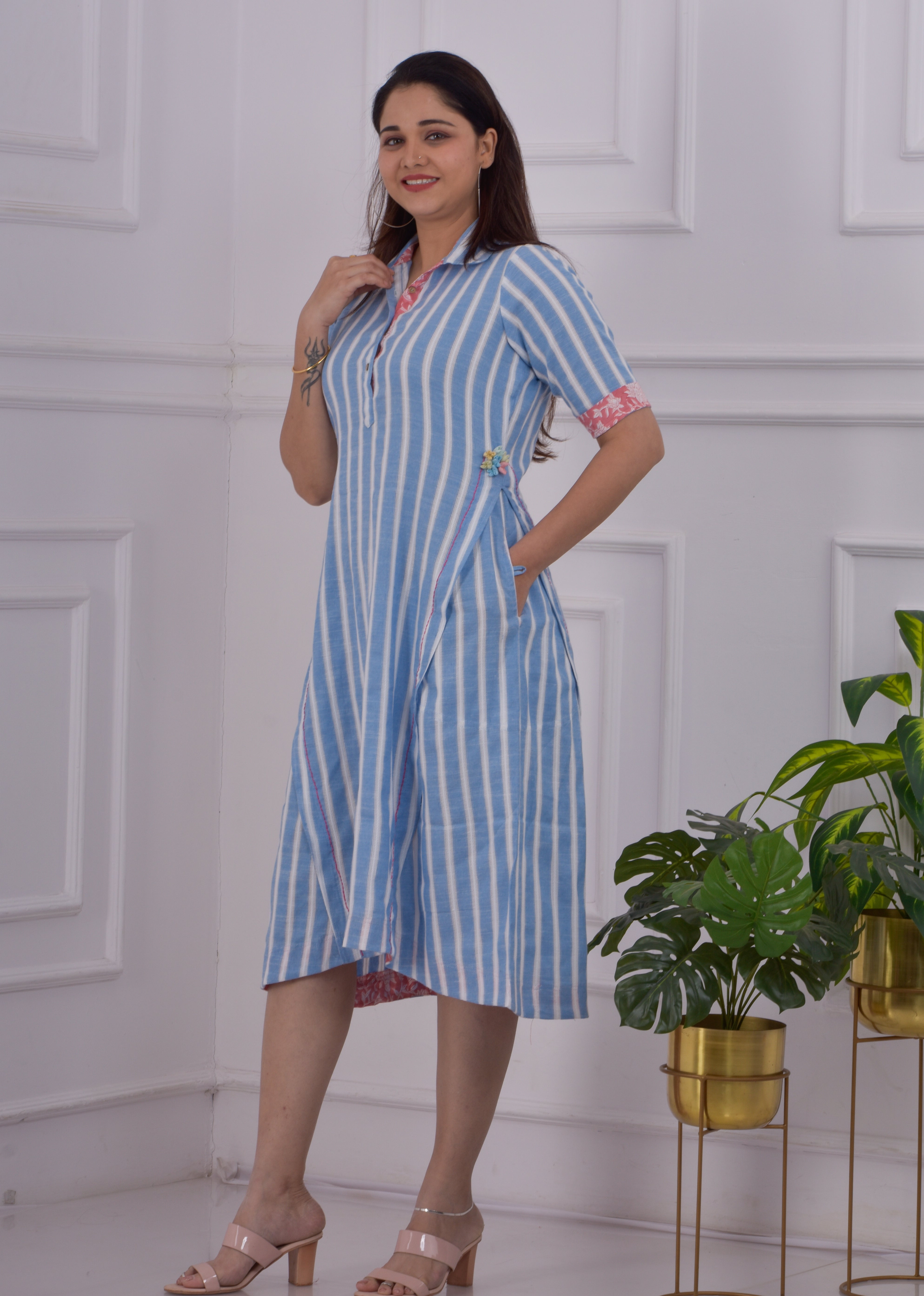 Dobby Striped Panel Dress- Blue