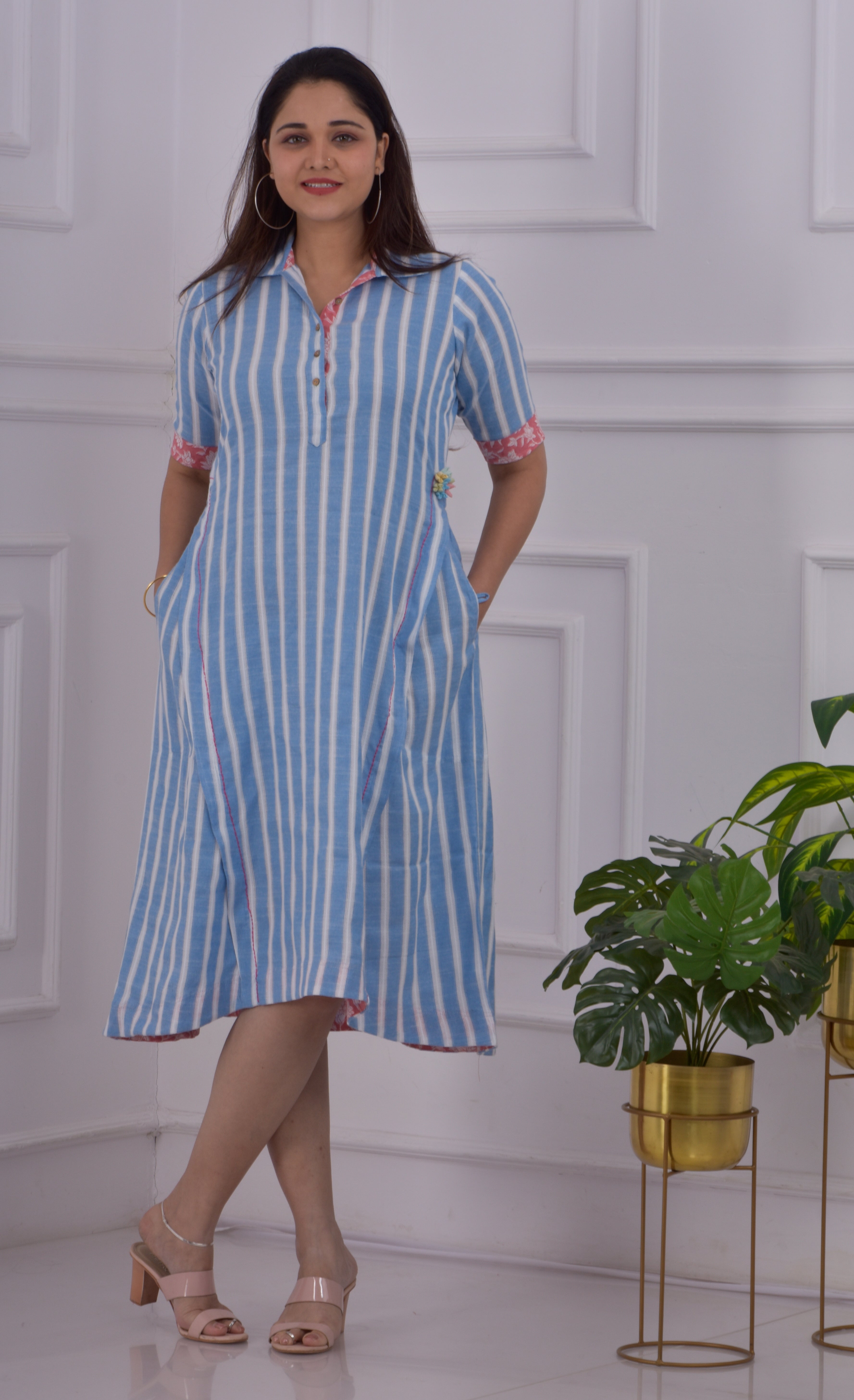 Dobby Striped Panel Dress- Blue