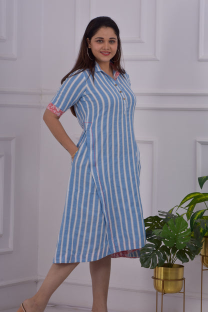 Dobby Striped Panel Dress- Blue