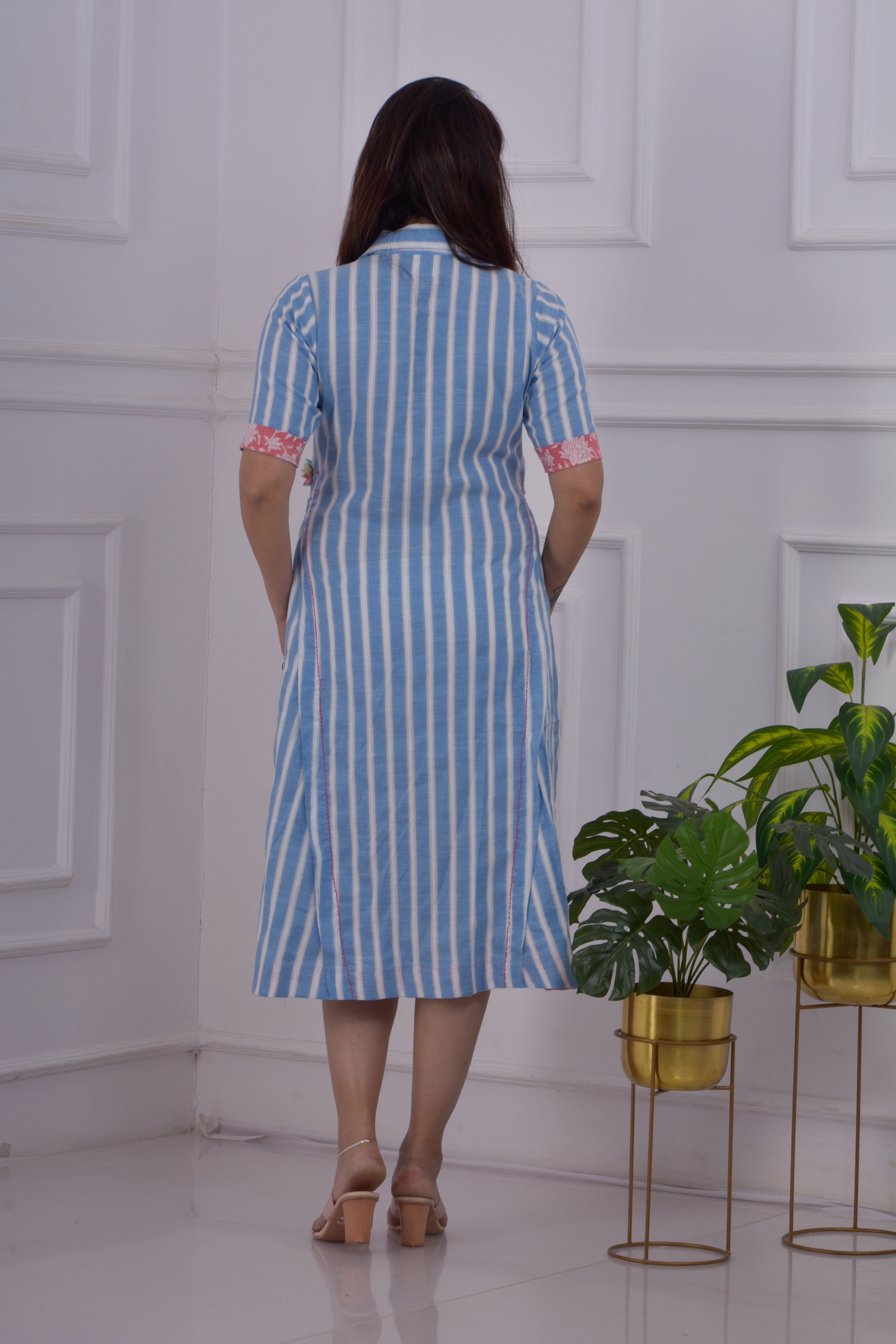 Dobby Striped Panel Dress- Blue