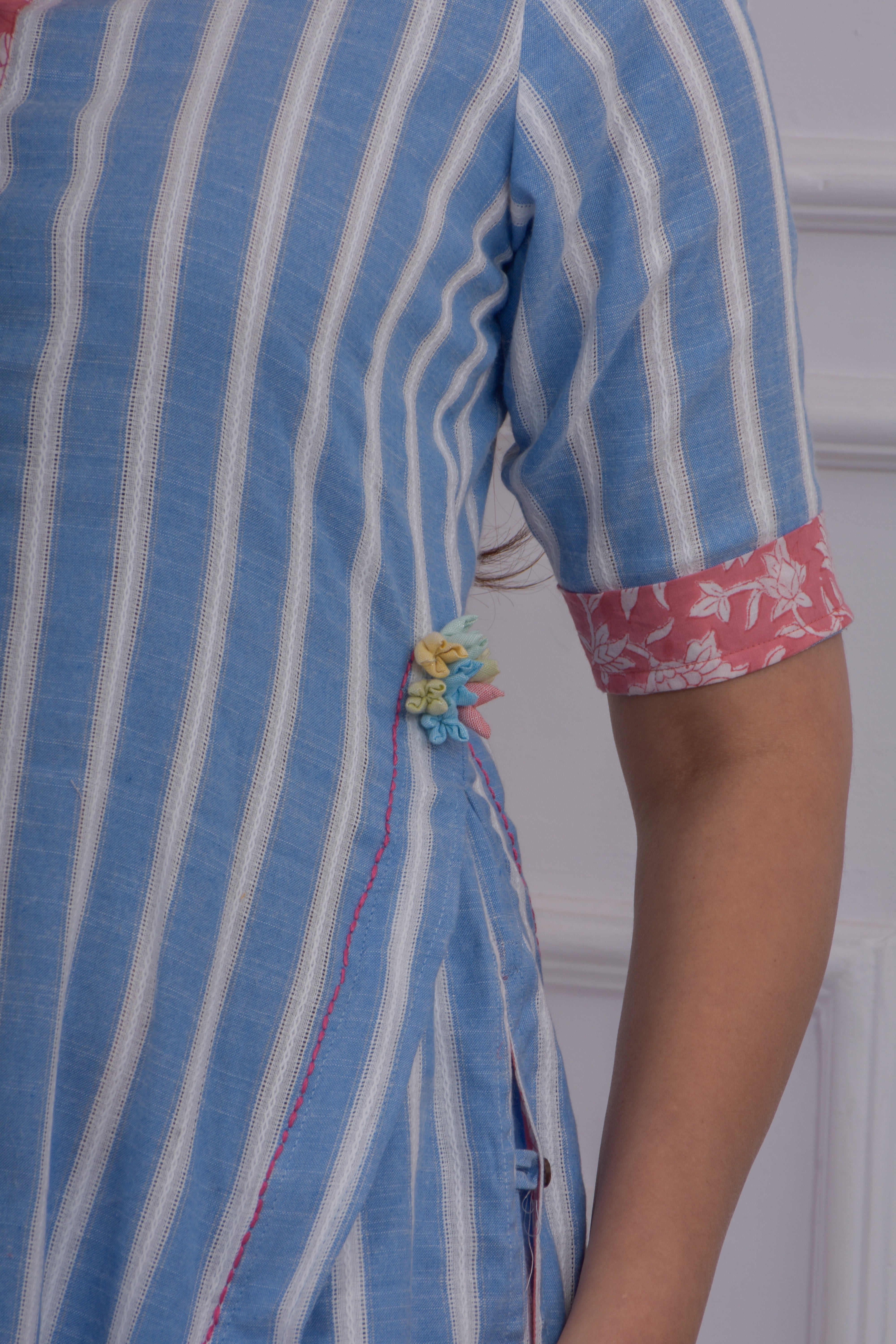 Dobby Striped Panel Dress- Blue