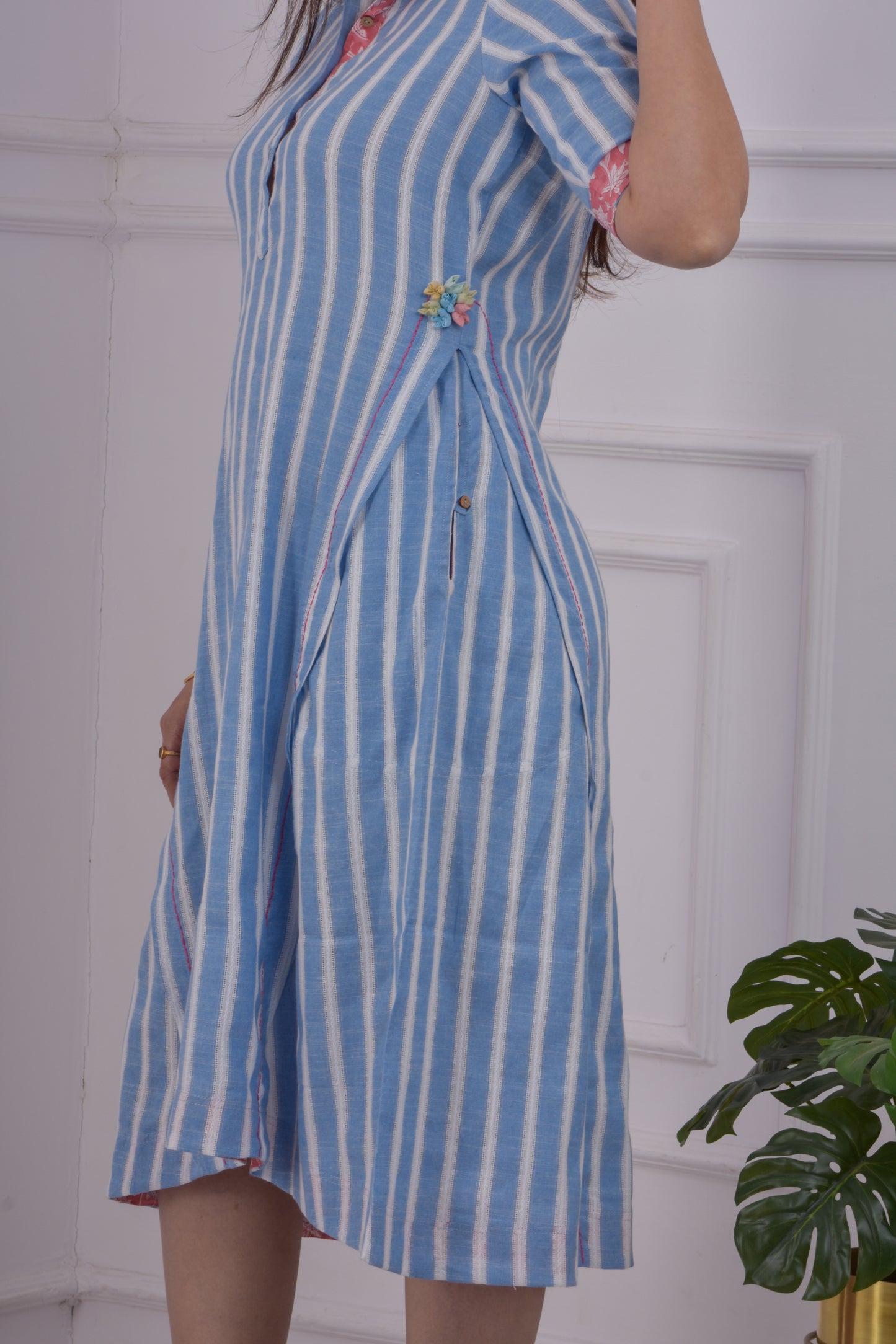 Dobby Striped Panel Dress- Blue
