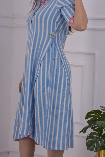 Dobby Striped Panel Dress- Blue