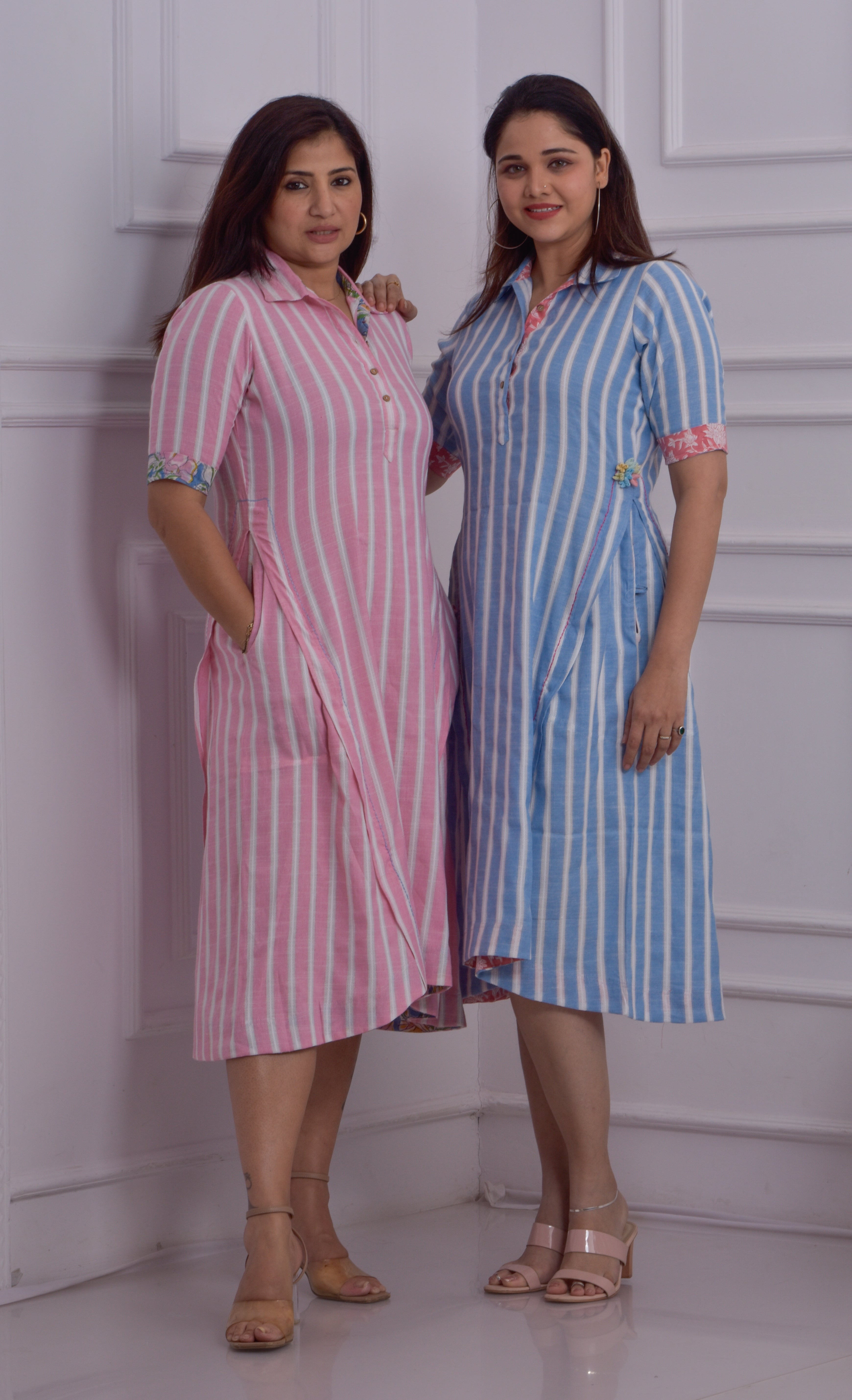 Dobby Striped Panel Dress- Blue