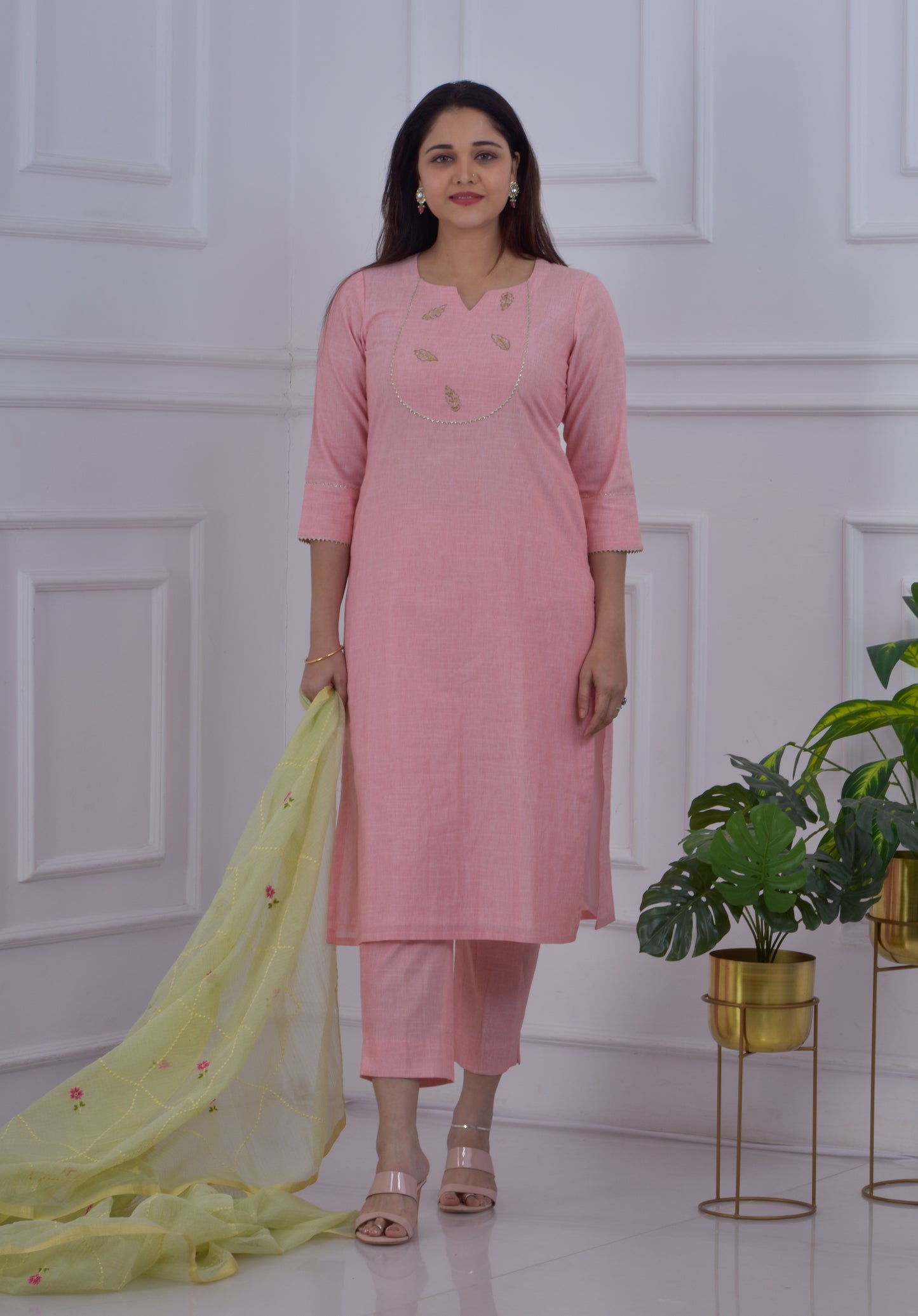 Golden Leaves embroidered kurta pant dupatta set