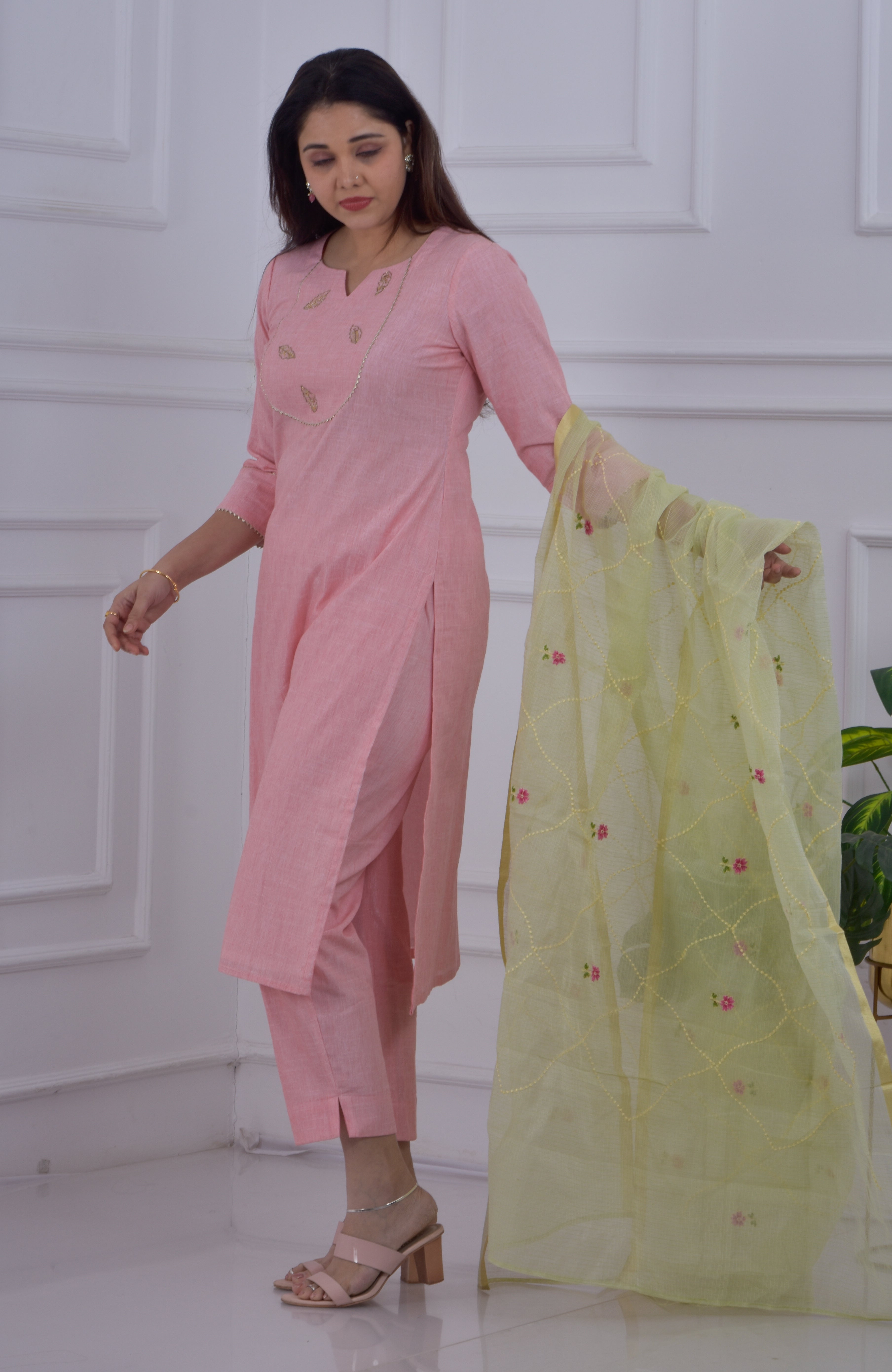 Golden Leaves embroidered kurta pant dupatta set