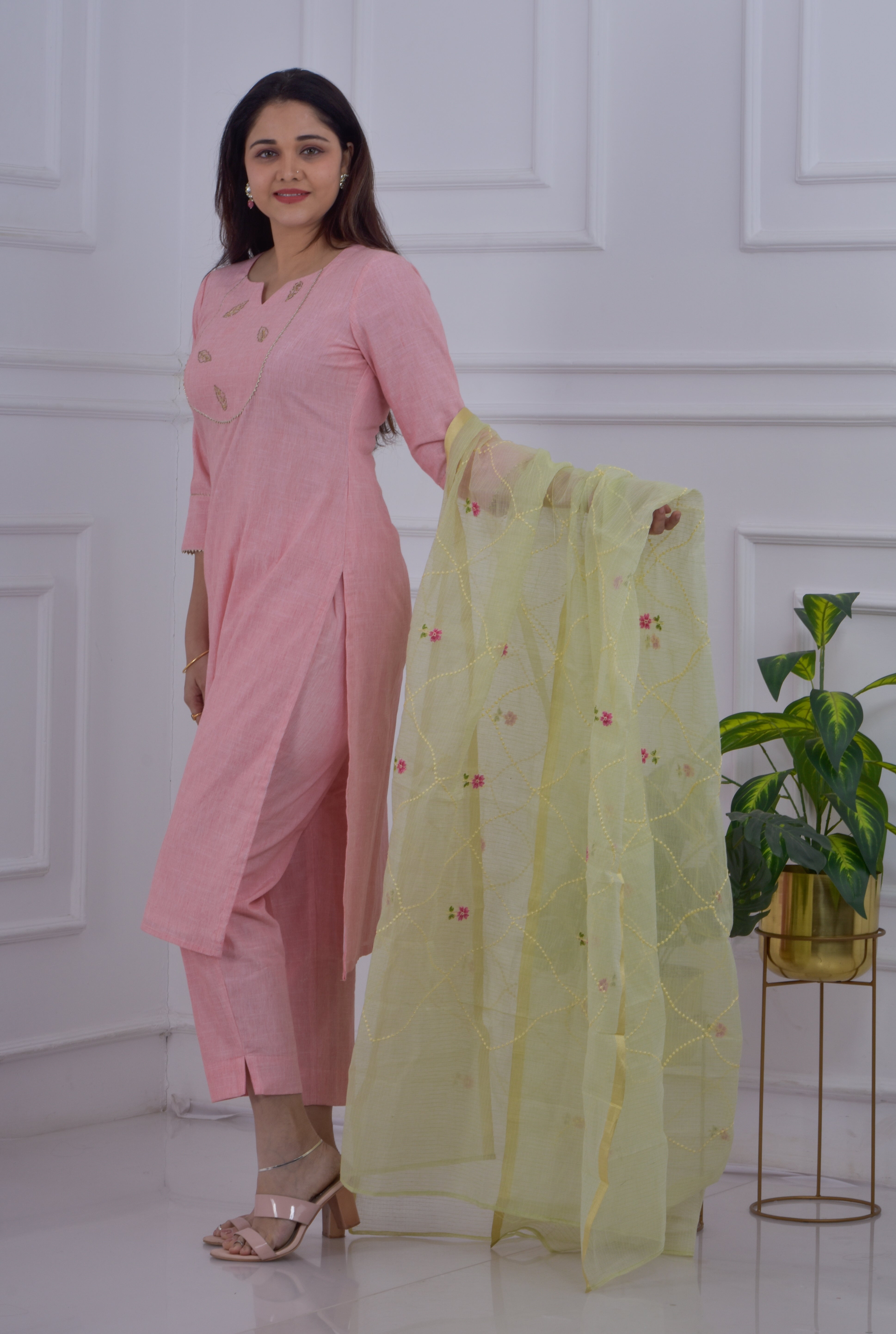 Golden Leaves embroidered kurta pant dupatta set