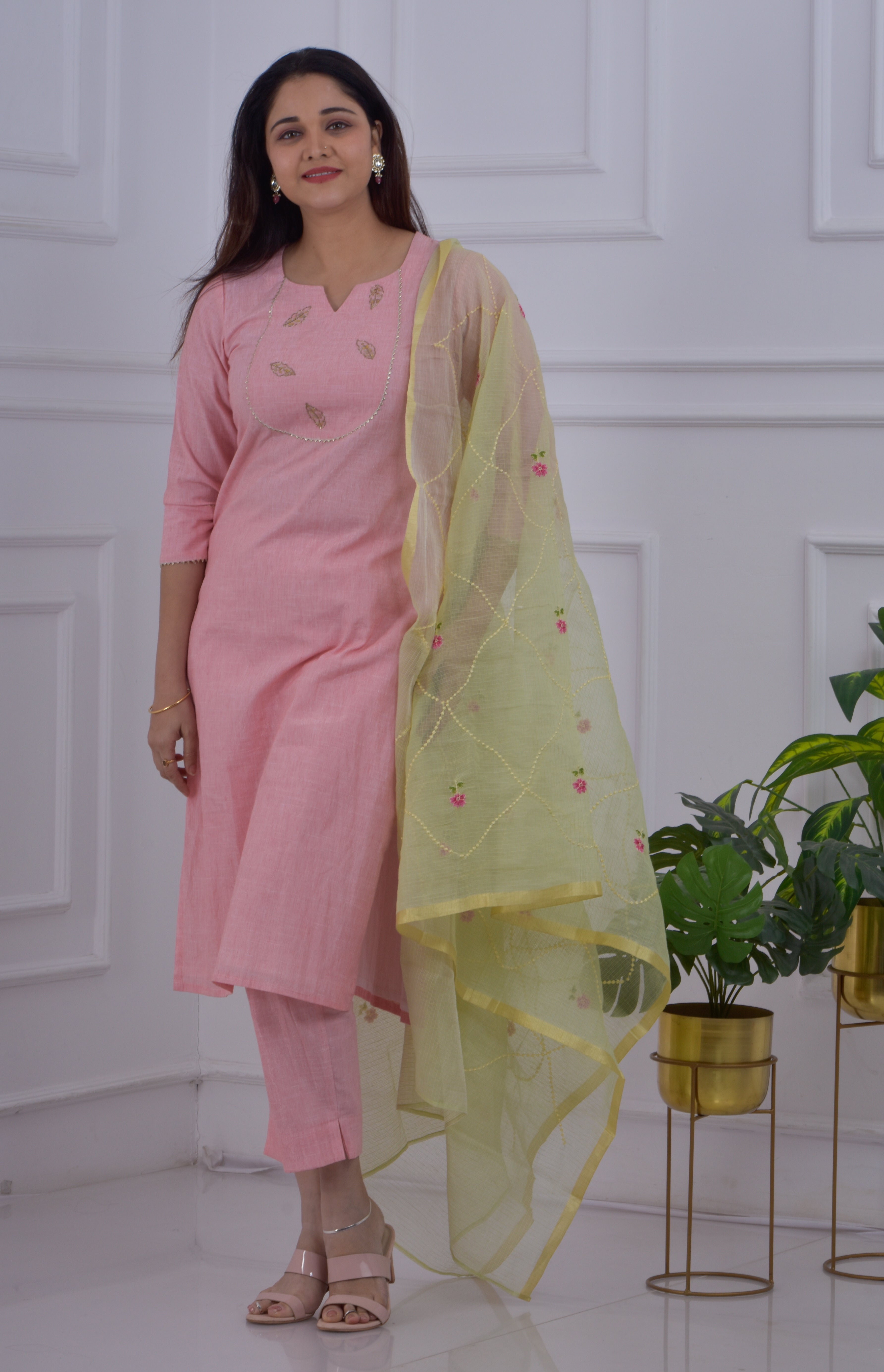 Golden Leaves embroidered kurta pant dupatta set