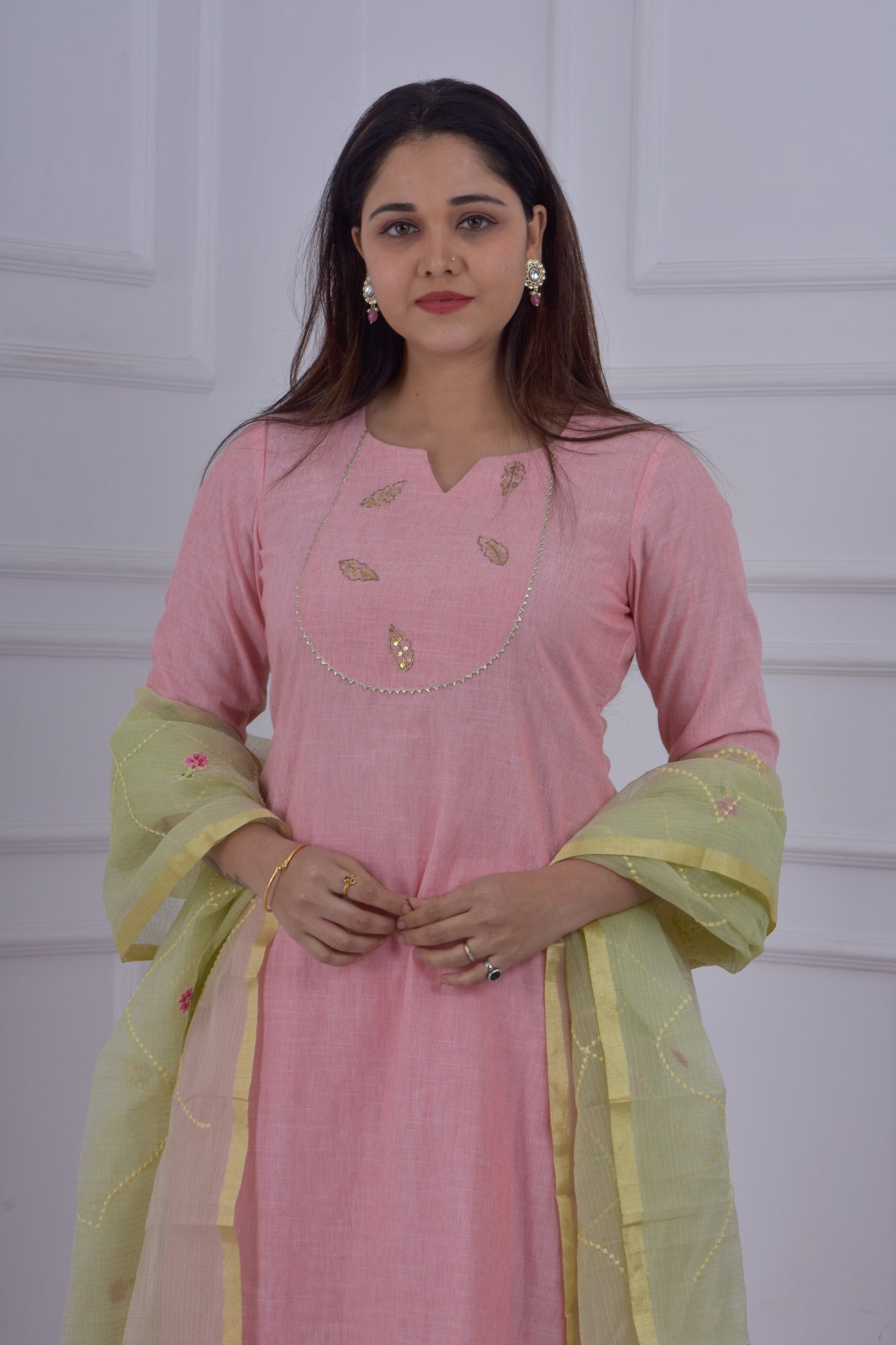 Golden Leaves embroidered kurta pant dupatta set