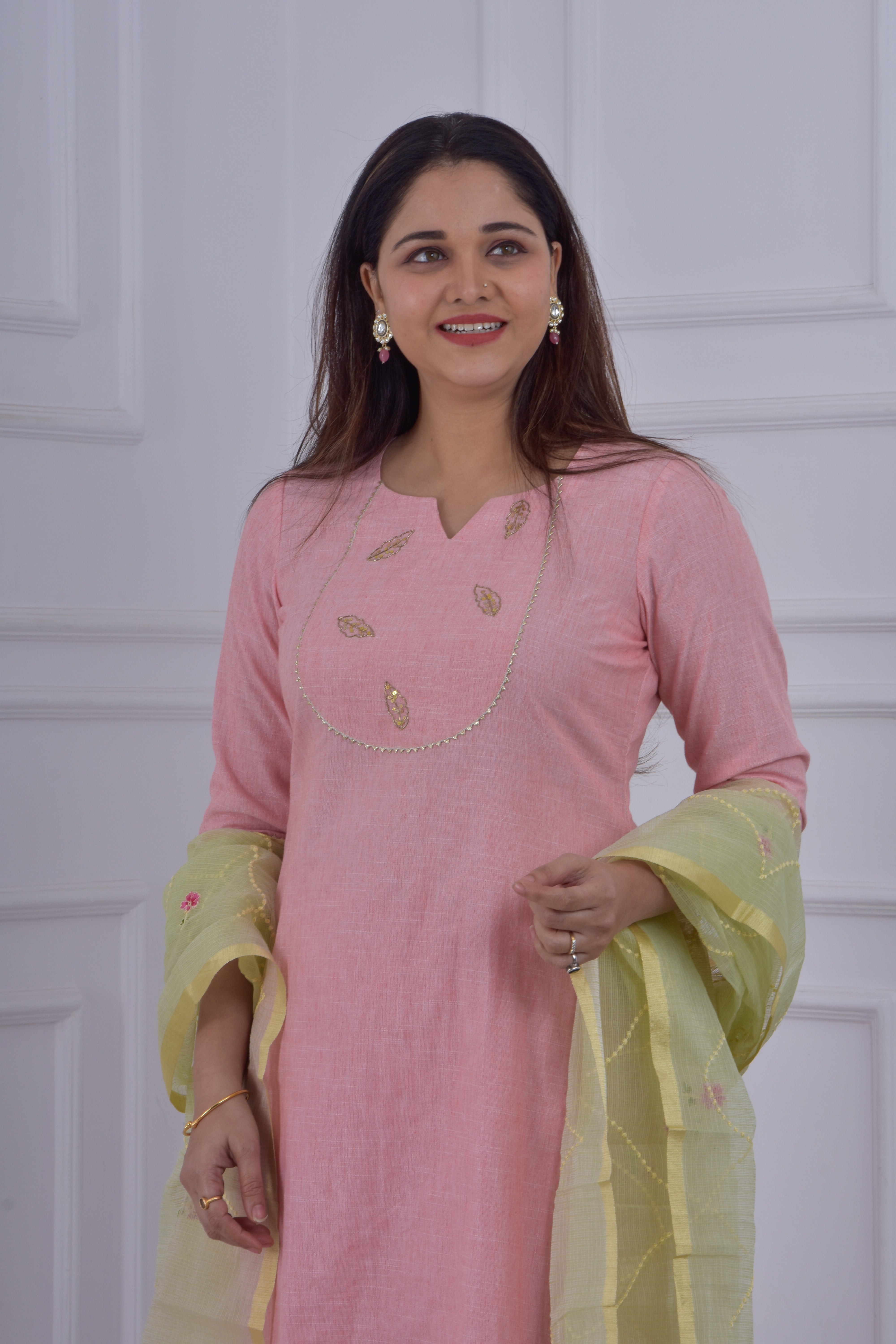 Golden Leaves embroidered kurta pant dupatta set