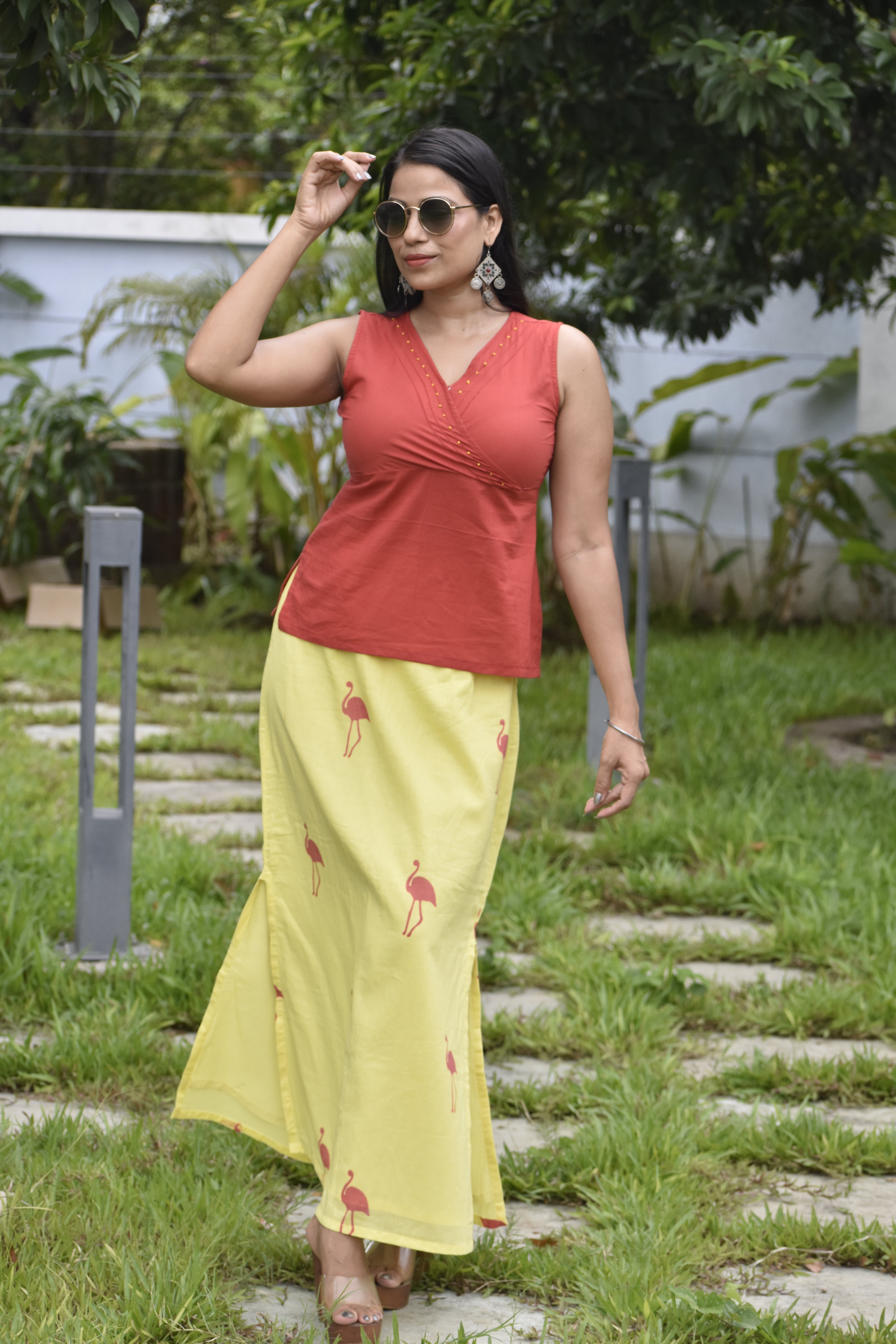 Rust Cotton Top with Yellow Flamingo Mul Skirt Set