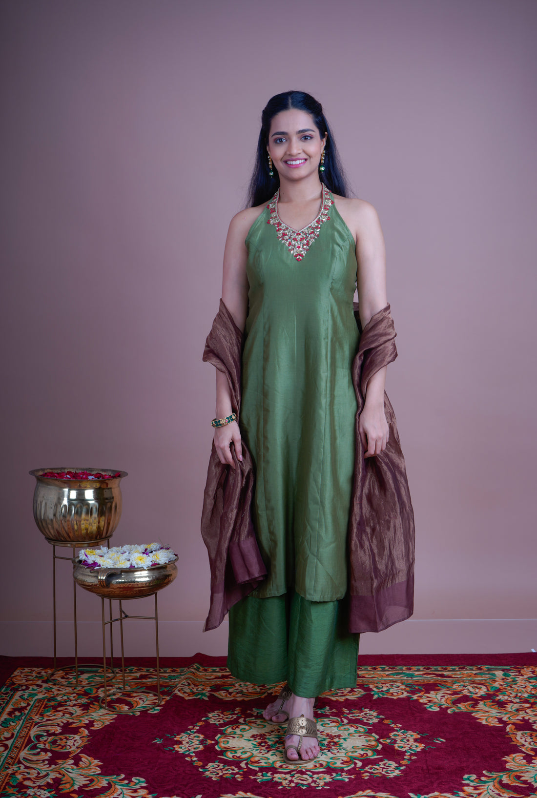 Olive Green Noor Kurta Set with crimson Dupatta
