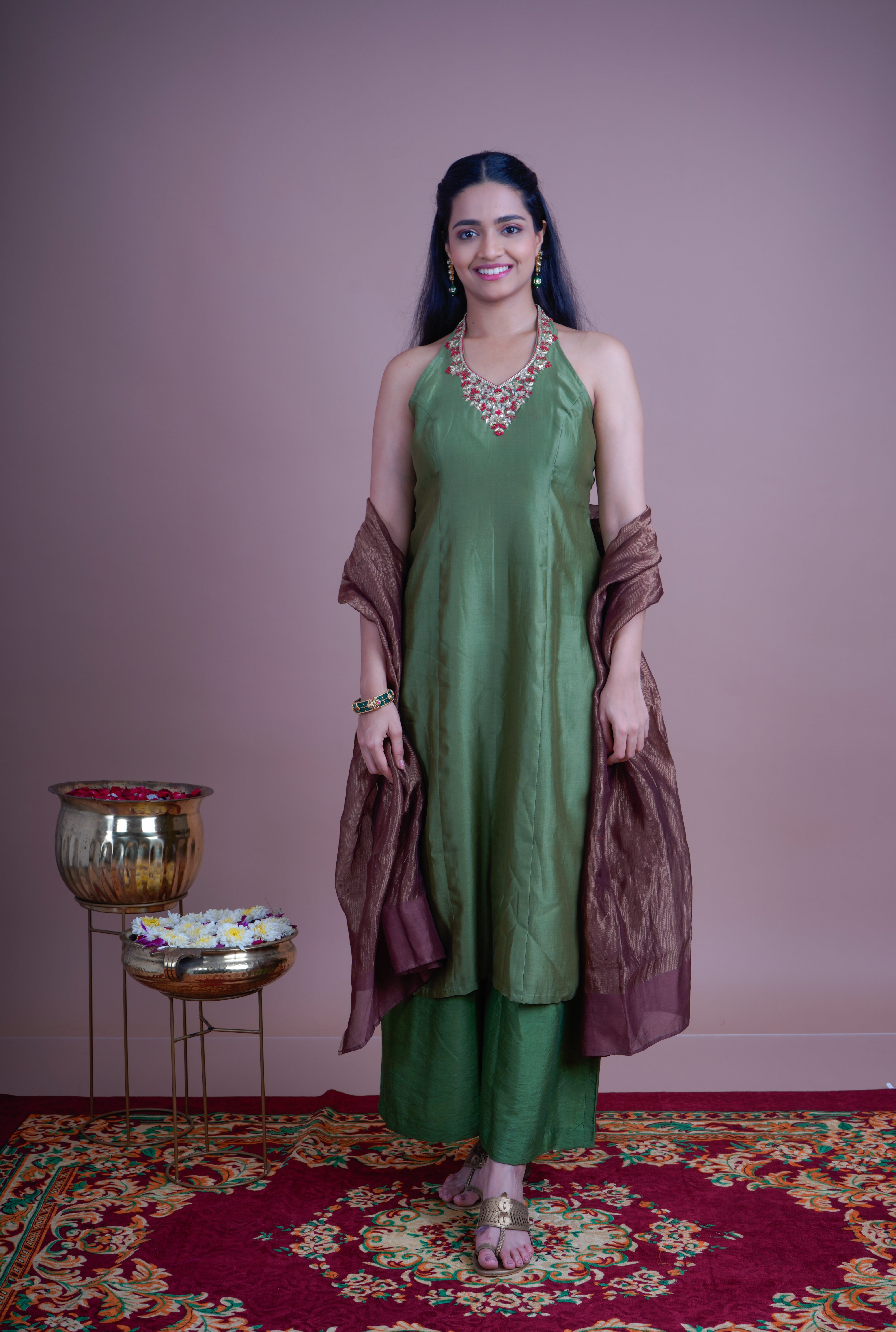 Olive Green Noor Kurta Set with Crimson Dupatta