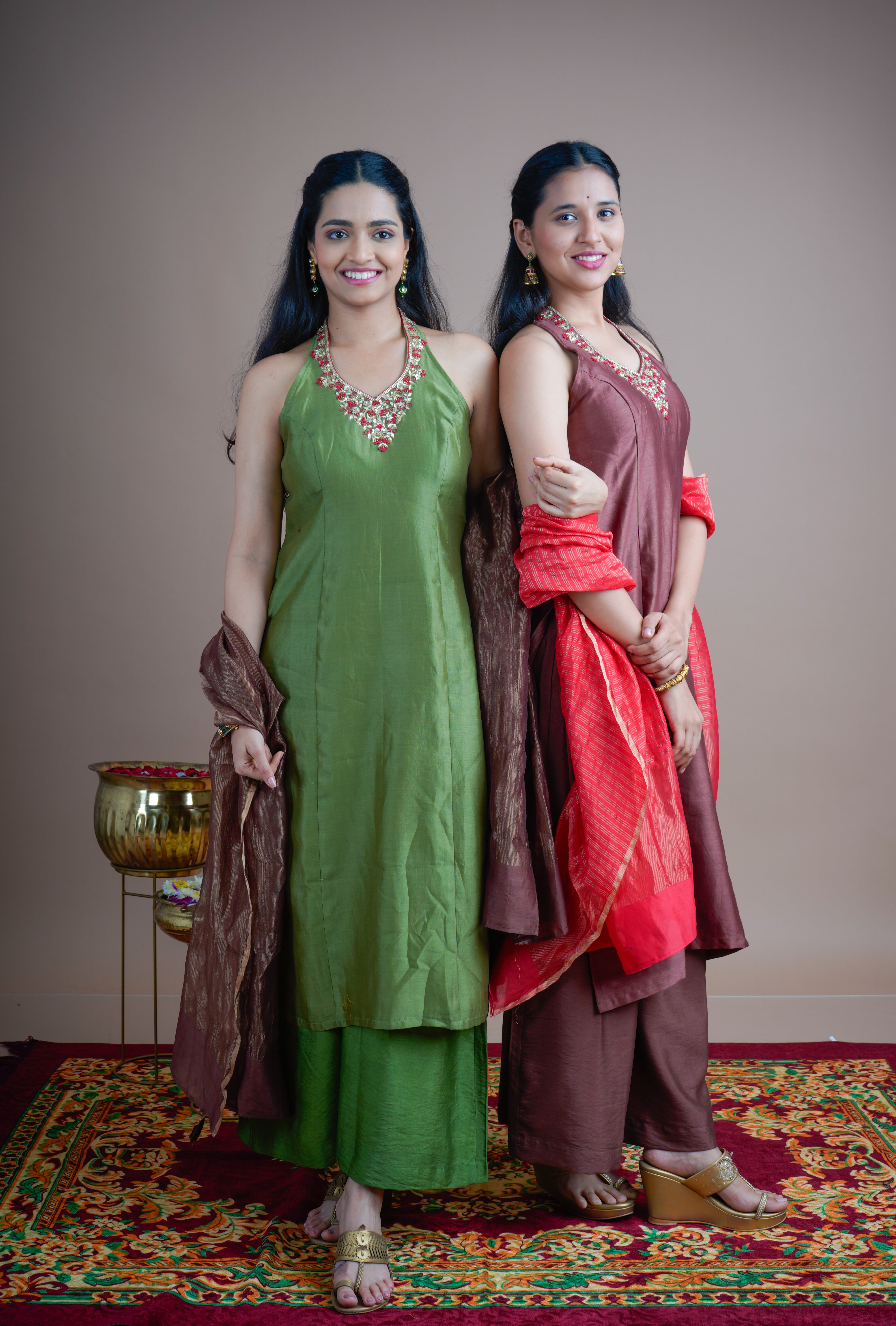 Olive Green Noor Kurta Set with Crimson Dupatta