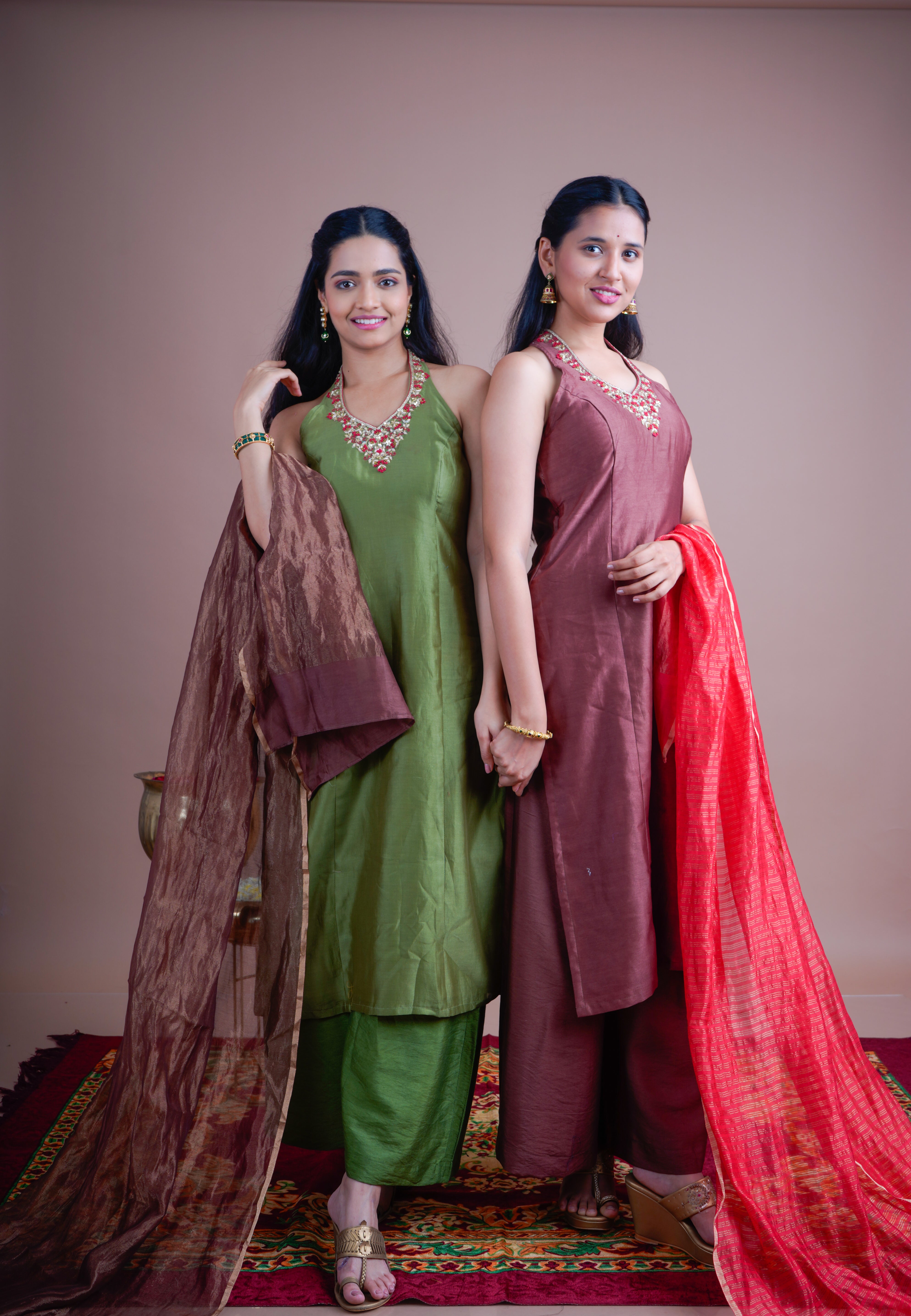 Brown Noor Kurta Pant Set with Crimson Dupatta