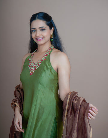 Olive Green Noor Kurta Set with Crimson Dupatta