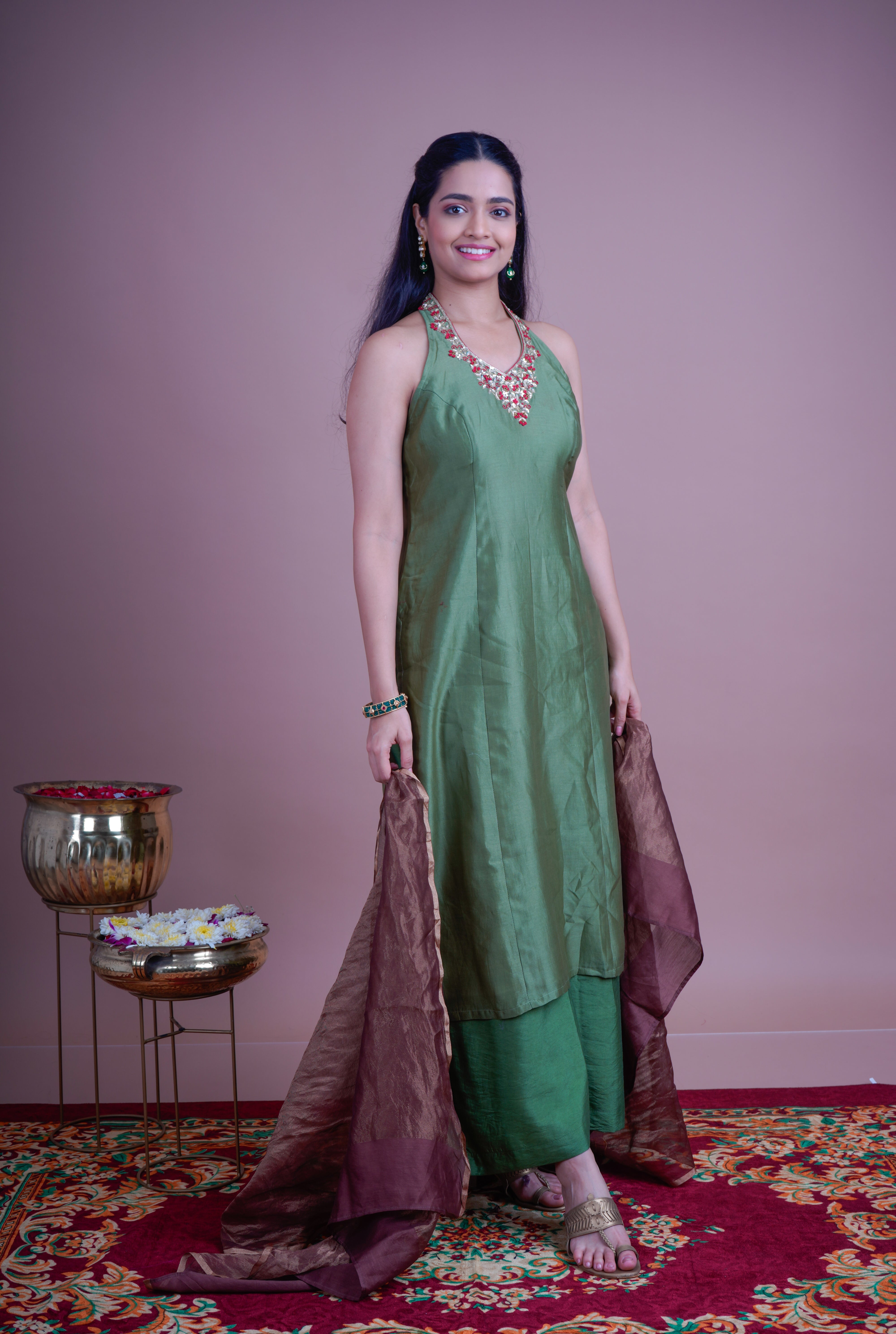 Olive Green Noor Kurta Set with Crimson Dupatta