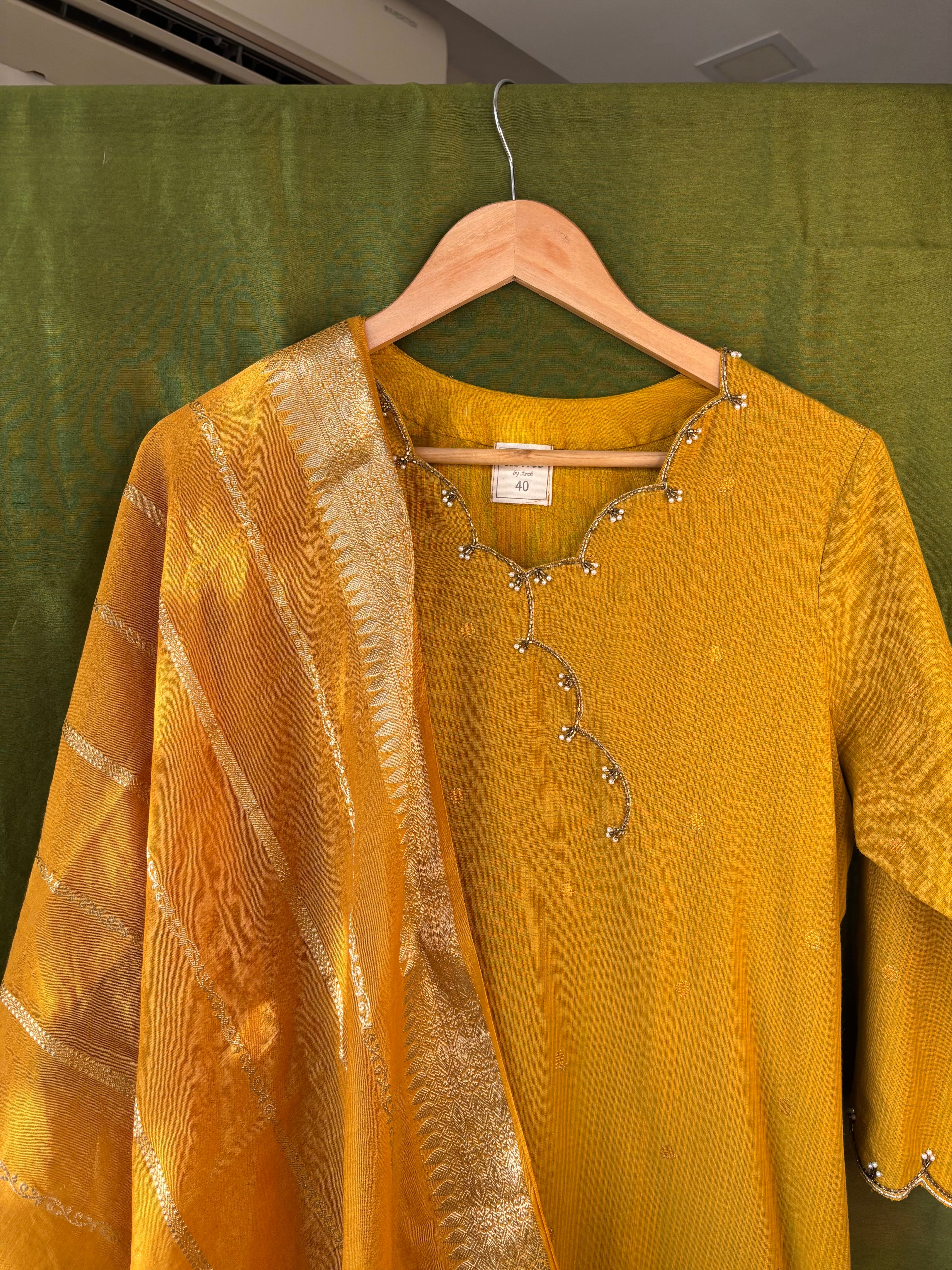 Tara Butti Kurta Pant Dupatta - Mustard yellow