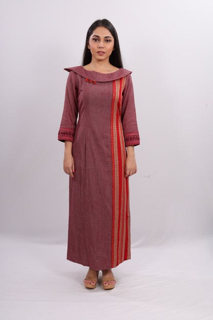 Wine Checked A-line Gown With Ethnic Border.