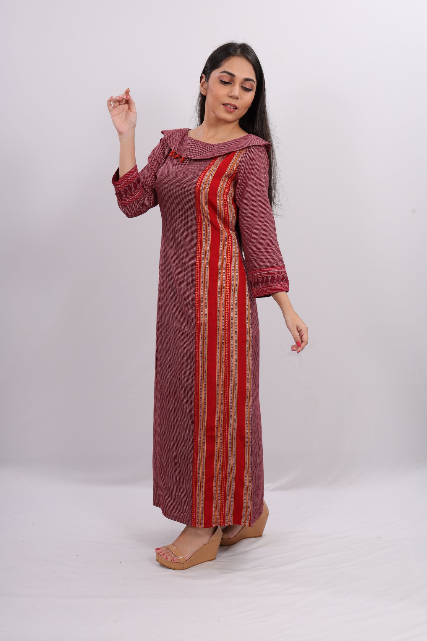 Wine Checked A-line Gown With Ethnic Border.