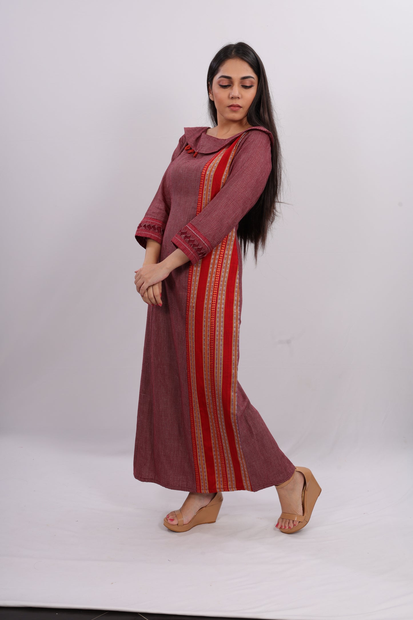 Wine Checked A-line Gown With Ethnic Border.