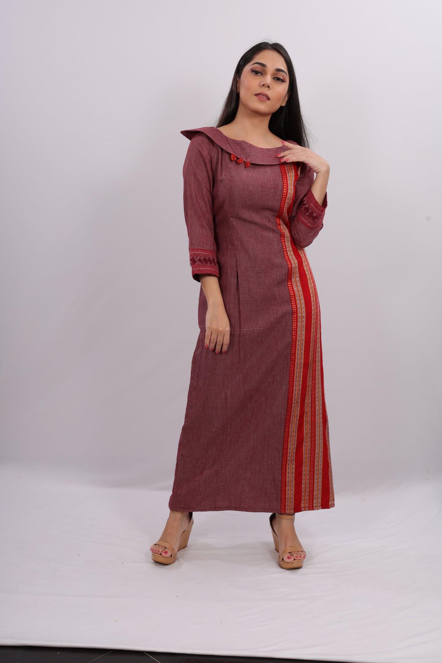 Wine Checked A-line Gown With Ethnic Border.