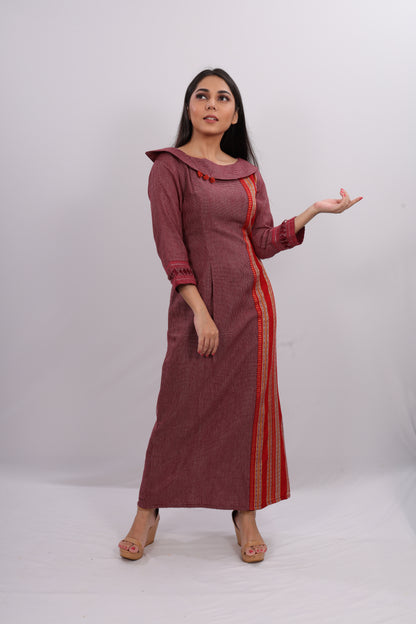 Wine Checked A-line Gown With Ethnic Border.