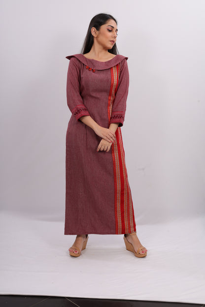 Wine Checked A-line Gown With Ethnic Border.