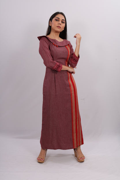 Wine Checked A-line Gown With Ethnic Border.