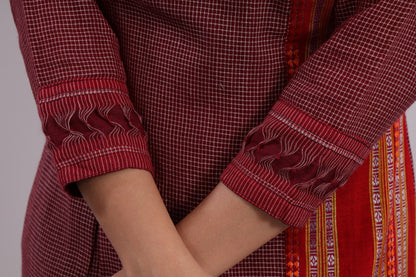 Wine Checked A-line Gown With Ethnic Border.